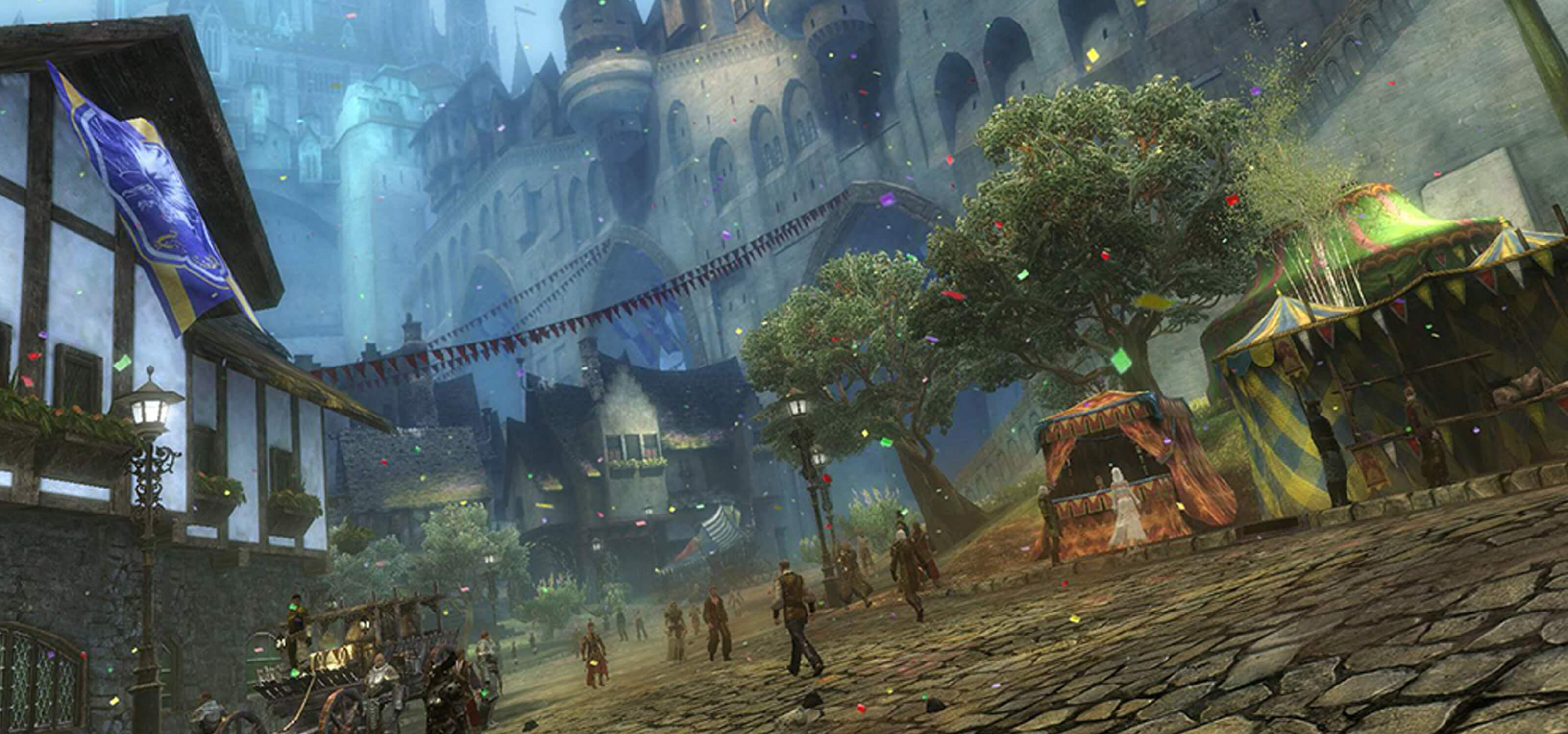 Scene from Guild Wars 2 featuring a village square surrounded by castle-like buildings at twilight