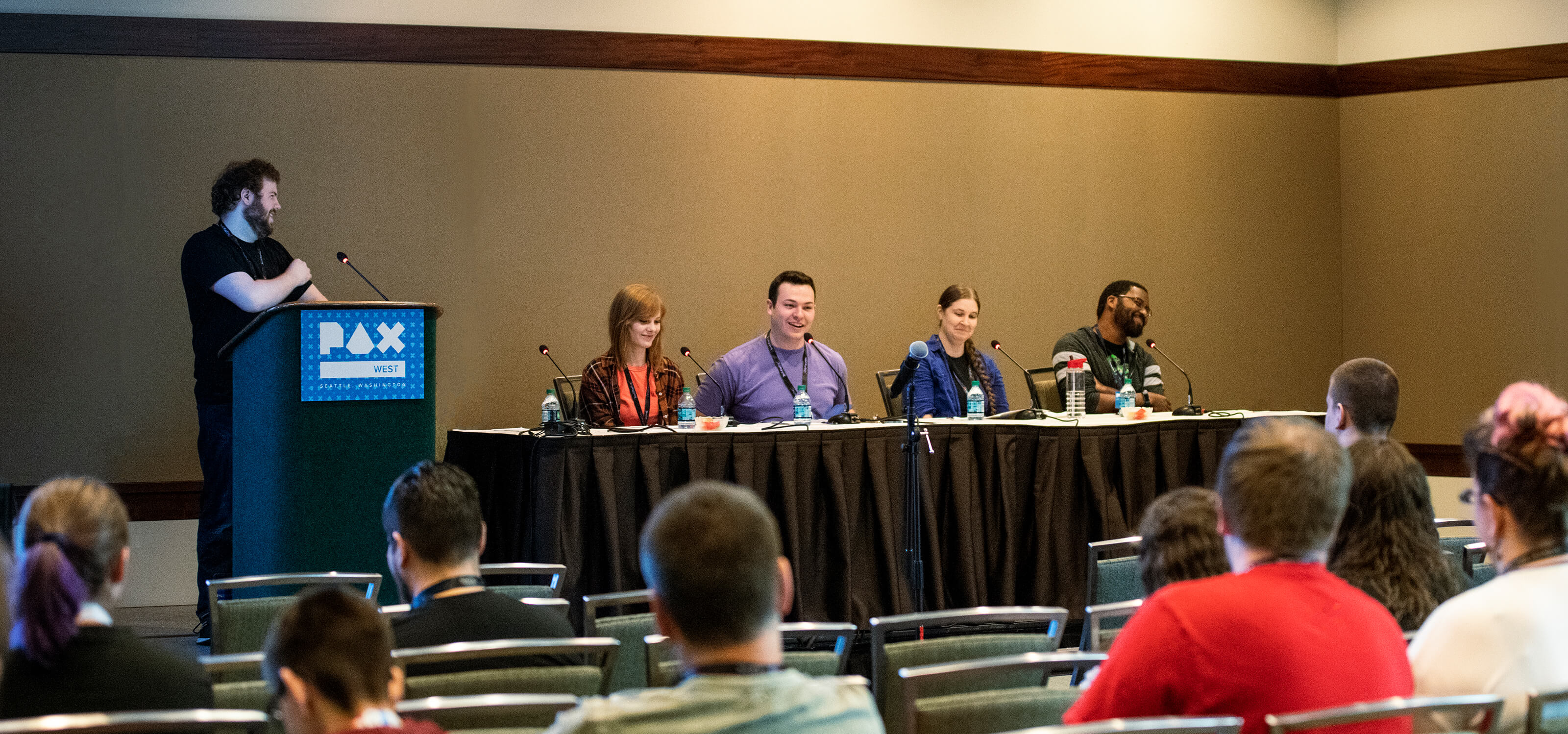 DigiPen alumni Devin Jensen, Lauren Stutzriem, Allan Deutsch, Victoria Smith, and Stephen Scott speaking at PAX West 2018