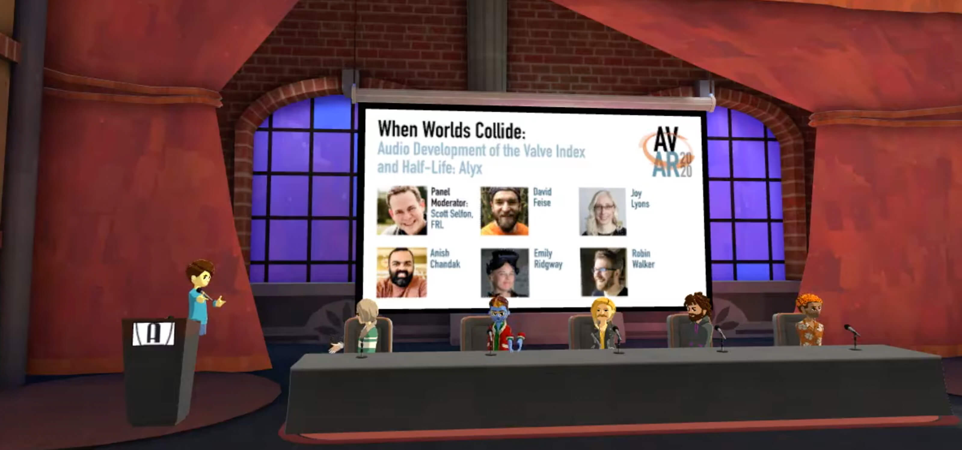 VR avatars of Valve audio designers sit for a panel discussion in a virtual conference room.