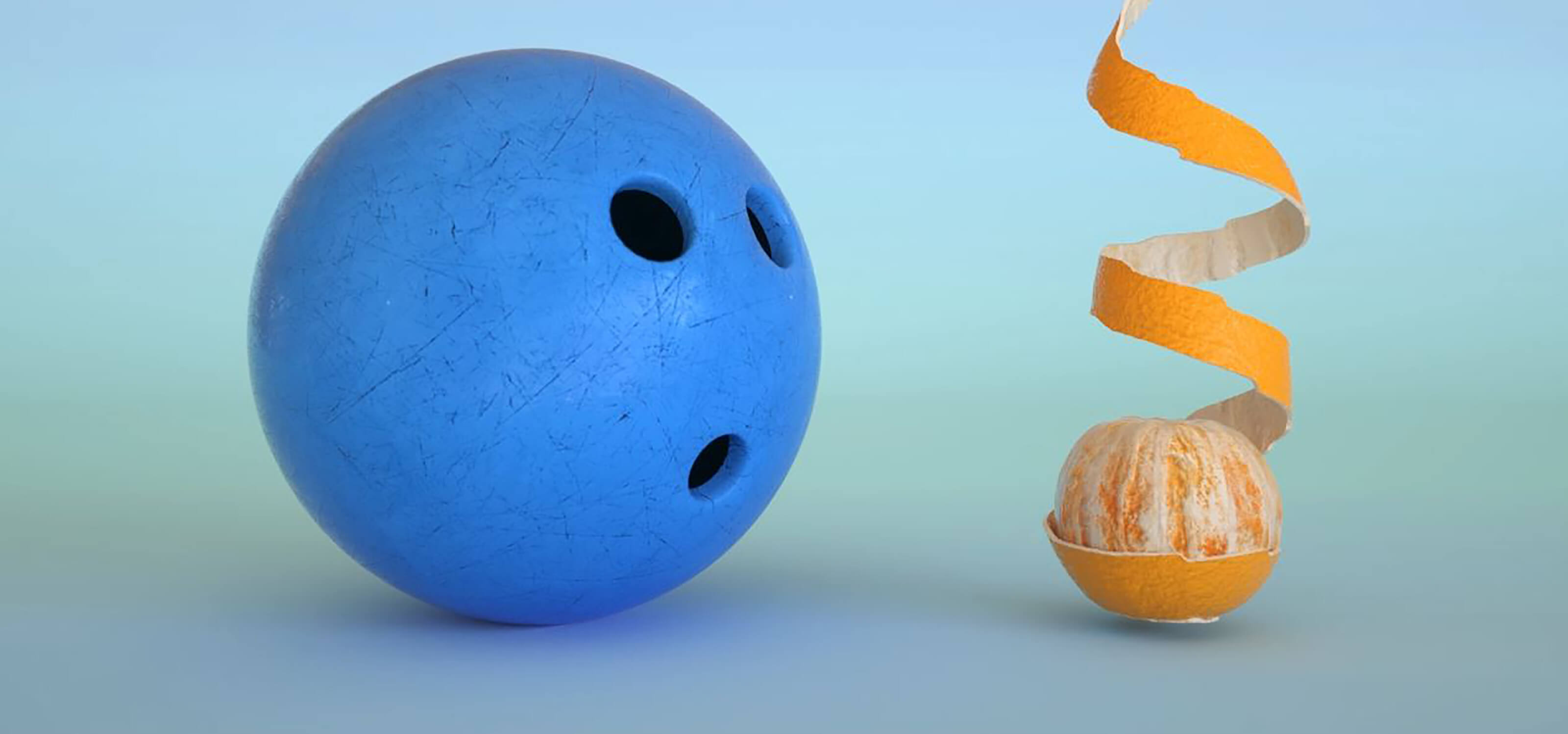 CG image of a bowling ball and peeled orange by Jonathan Bourim and Christophe Bouchard.