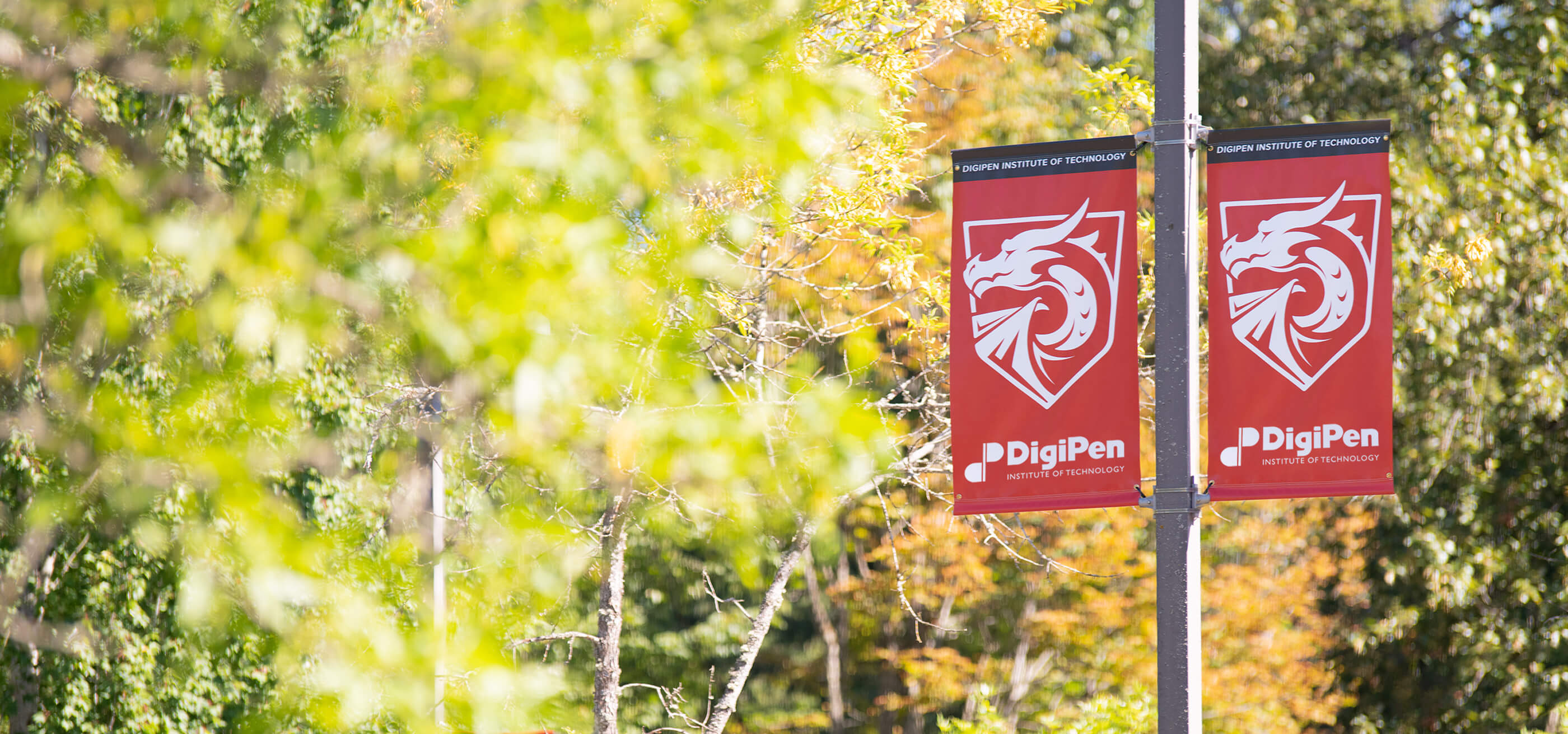 Two DigiPen banners on pole set against fall scenery