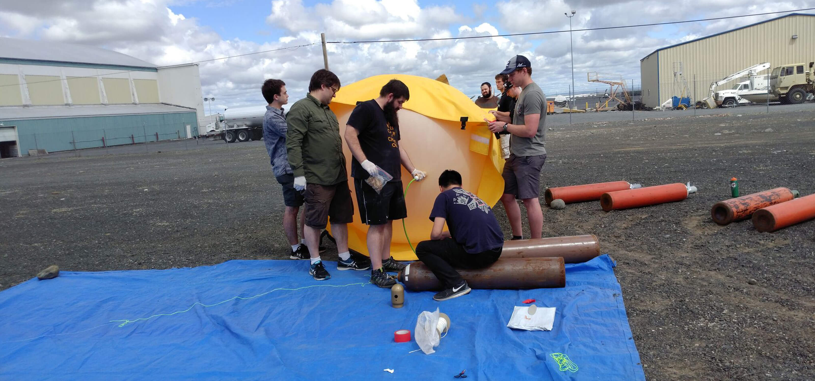 DigiPen students and faculty preparing to launch a large high-altitude weather balloon