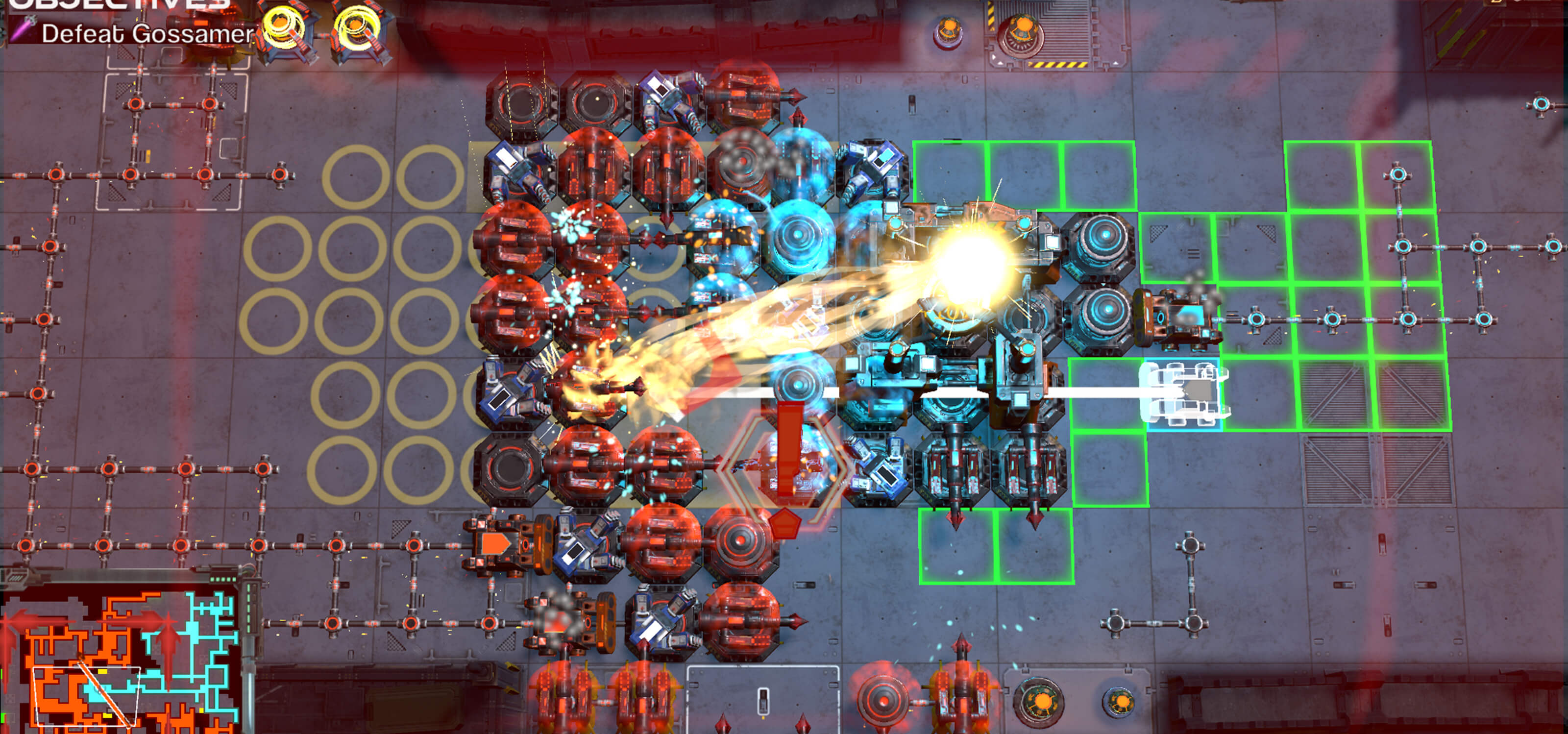 A blue sci-fi structure fires a beam at opposing red buildings in the game Byte Lynx.