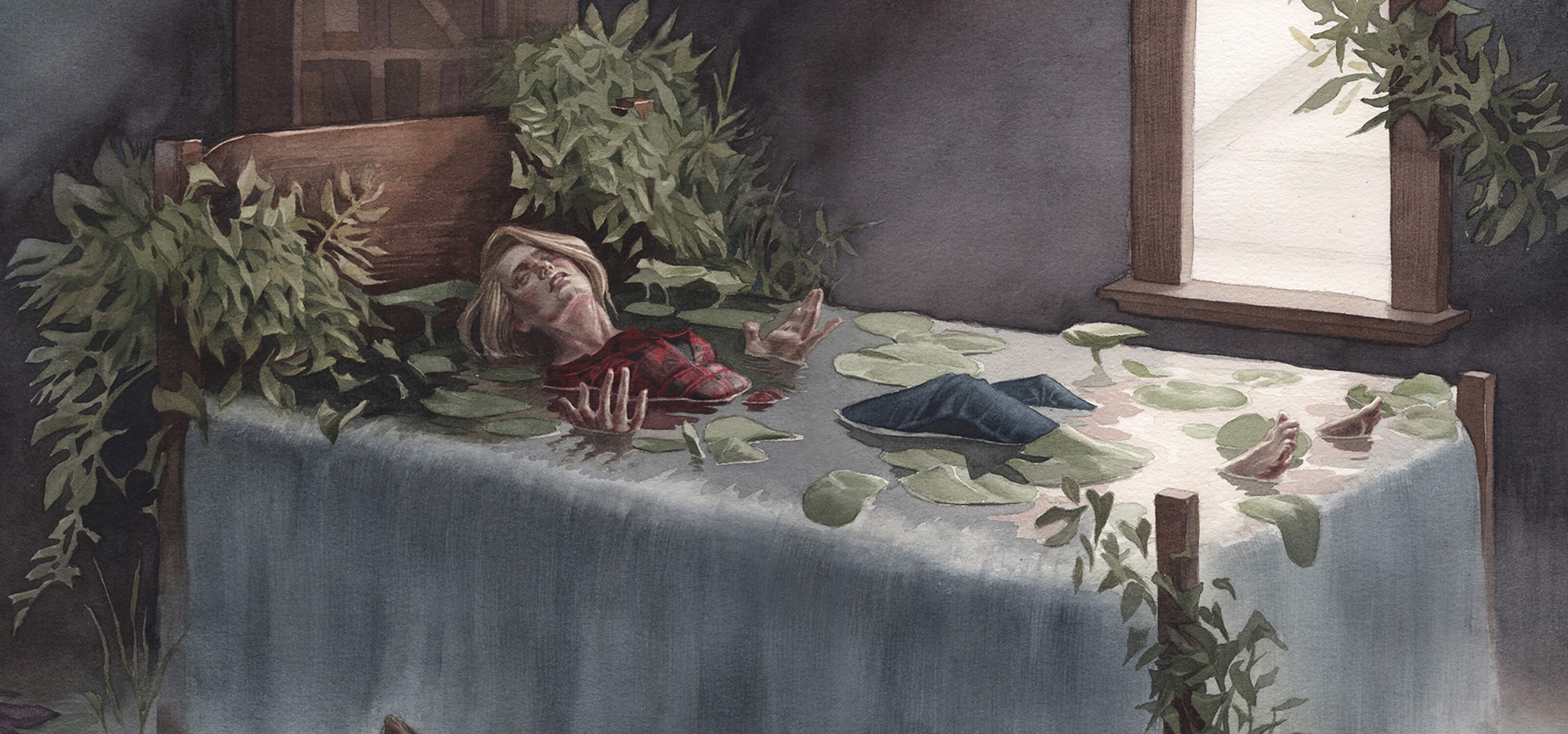 A watercolor painting of a woman laying partially submerged in an overflowing basin of water.