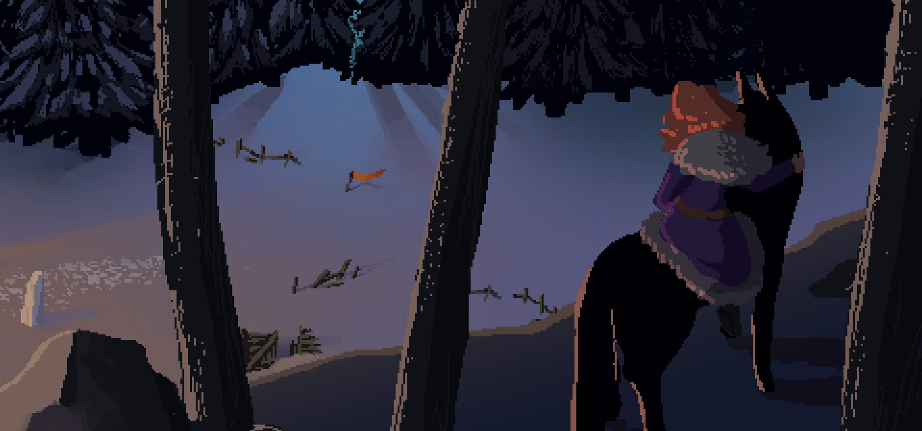 A screenshot from DigiPen student game The Blade in the Bark showing a girl on a wolf’s back in the woods.