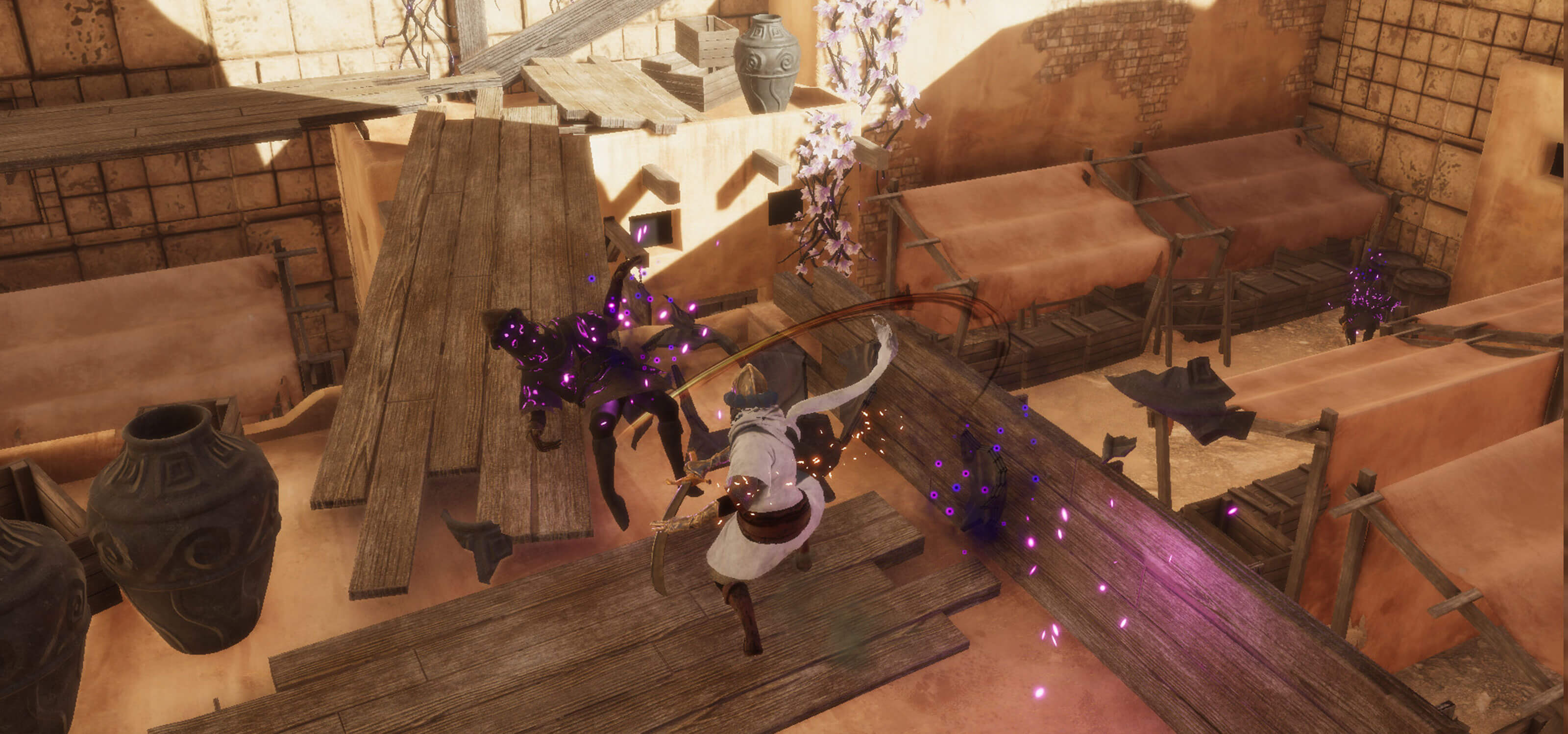 Screenshot of a hero in white slashing an enemy with a large blade atop a platform.