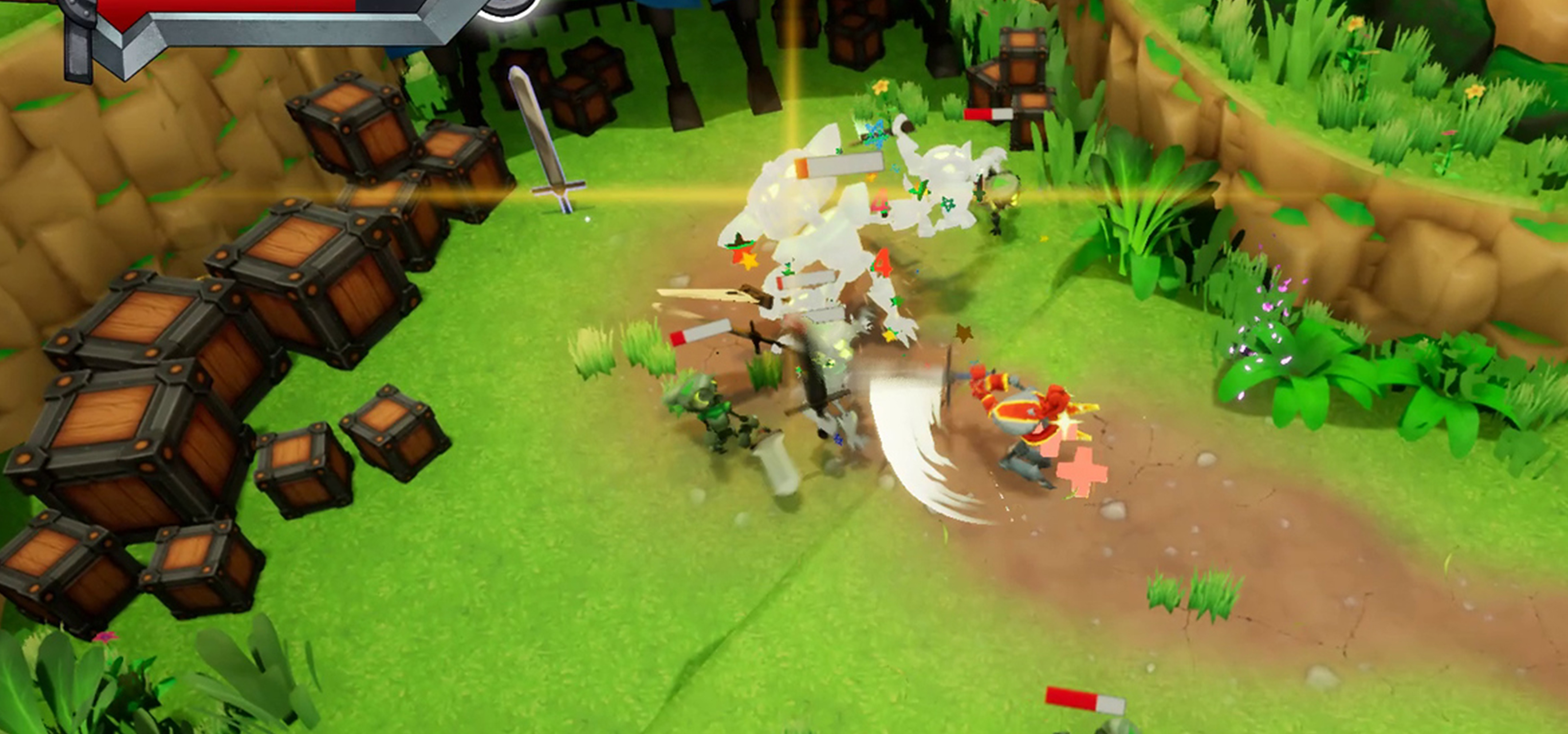 A knight swipes at enemies in DigiPen student game Excalibots