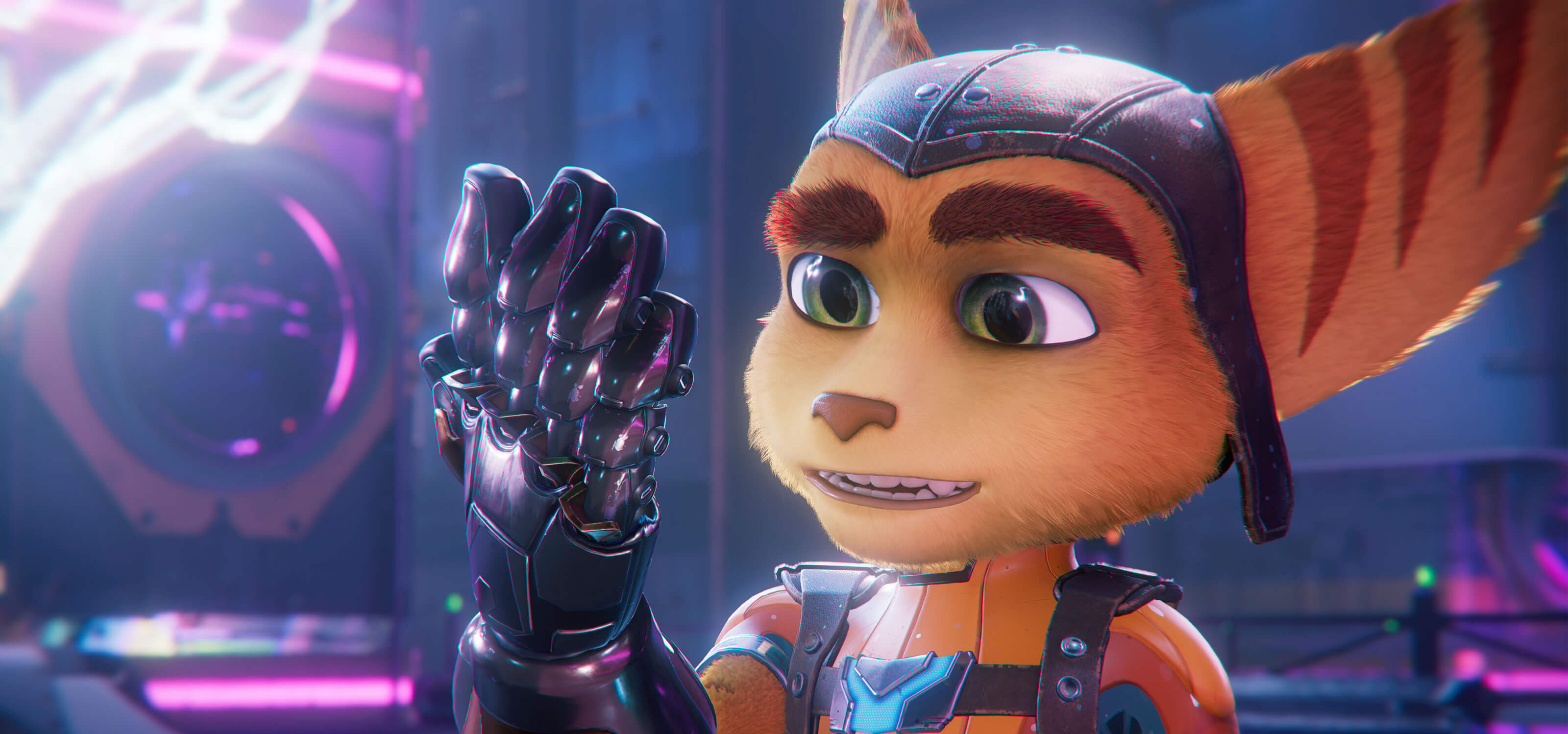 Ratchet admires his mechanical glove in a screenshot from Ratcher &amp; Clank: Rift Apart.