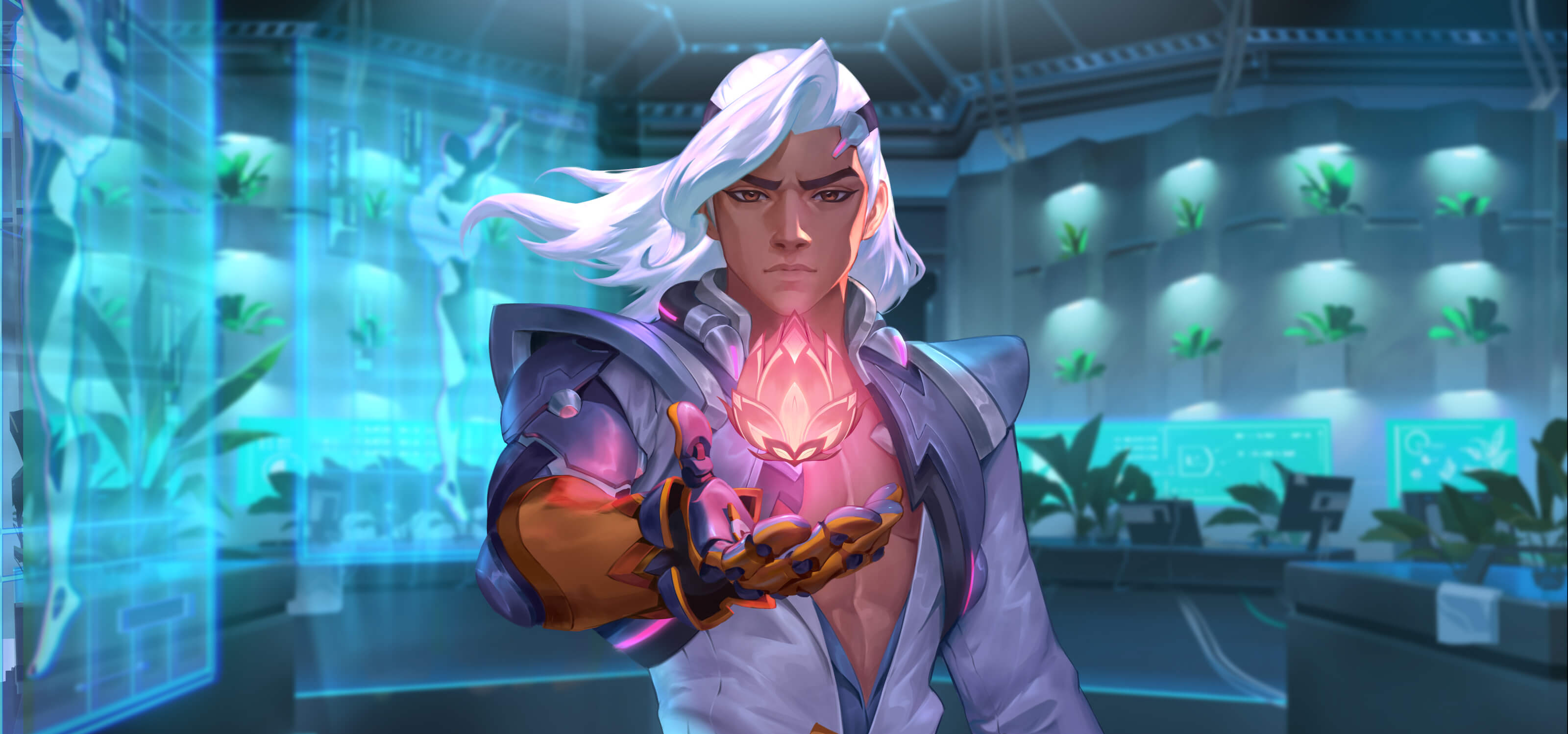 Artwork of elaborately dressed man in a scientific lab, projecting a holographic flower using a high-tech gauntlet.