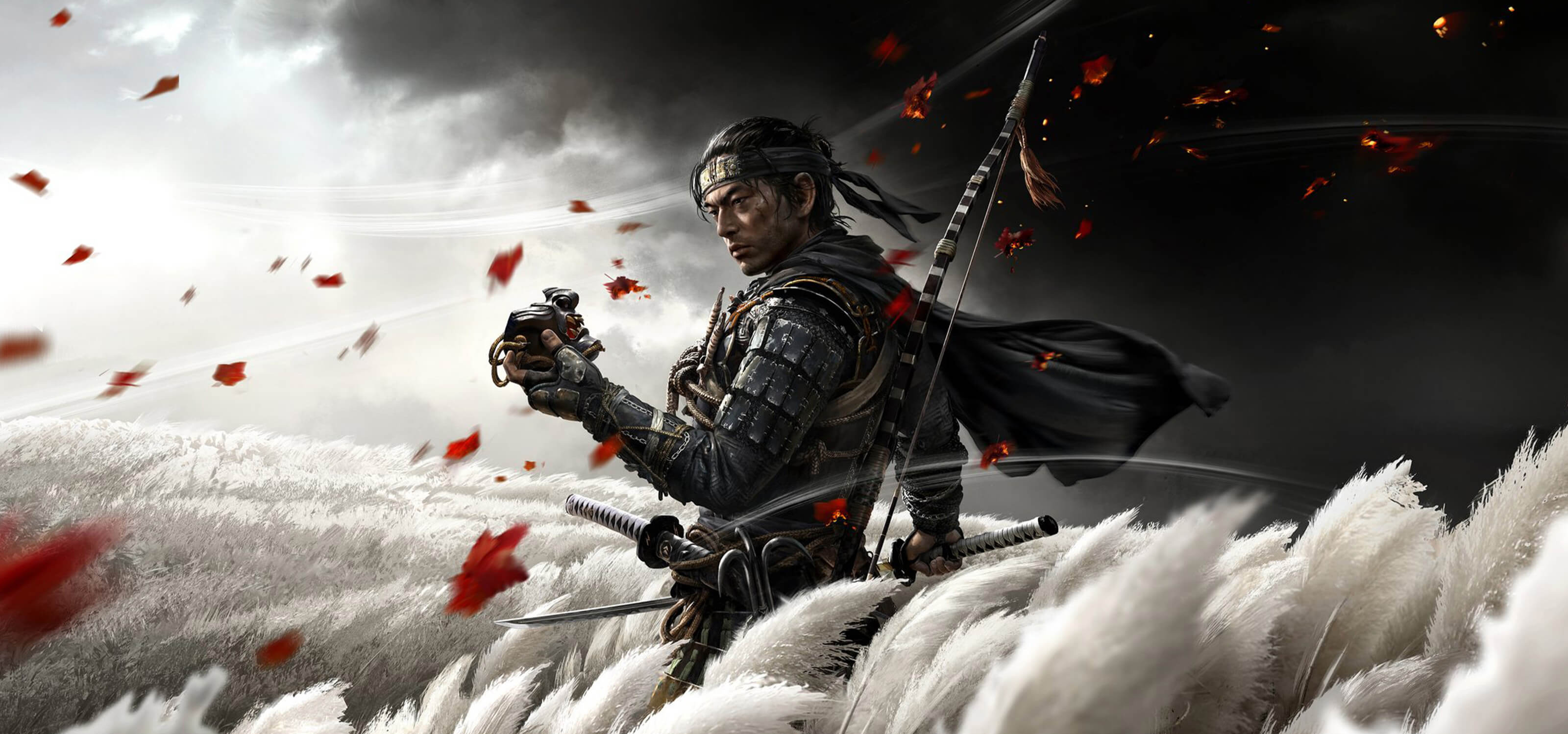 Ghost of Tsushima artwork: A samurai in a field holds a mask while leaves blow in the wind