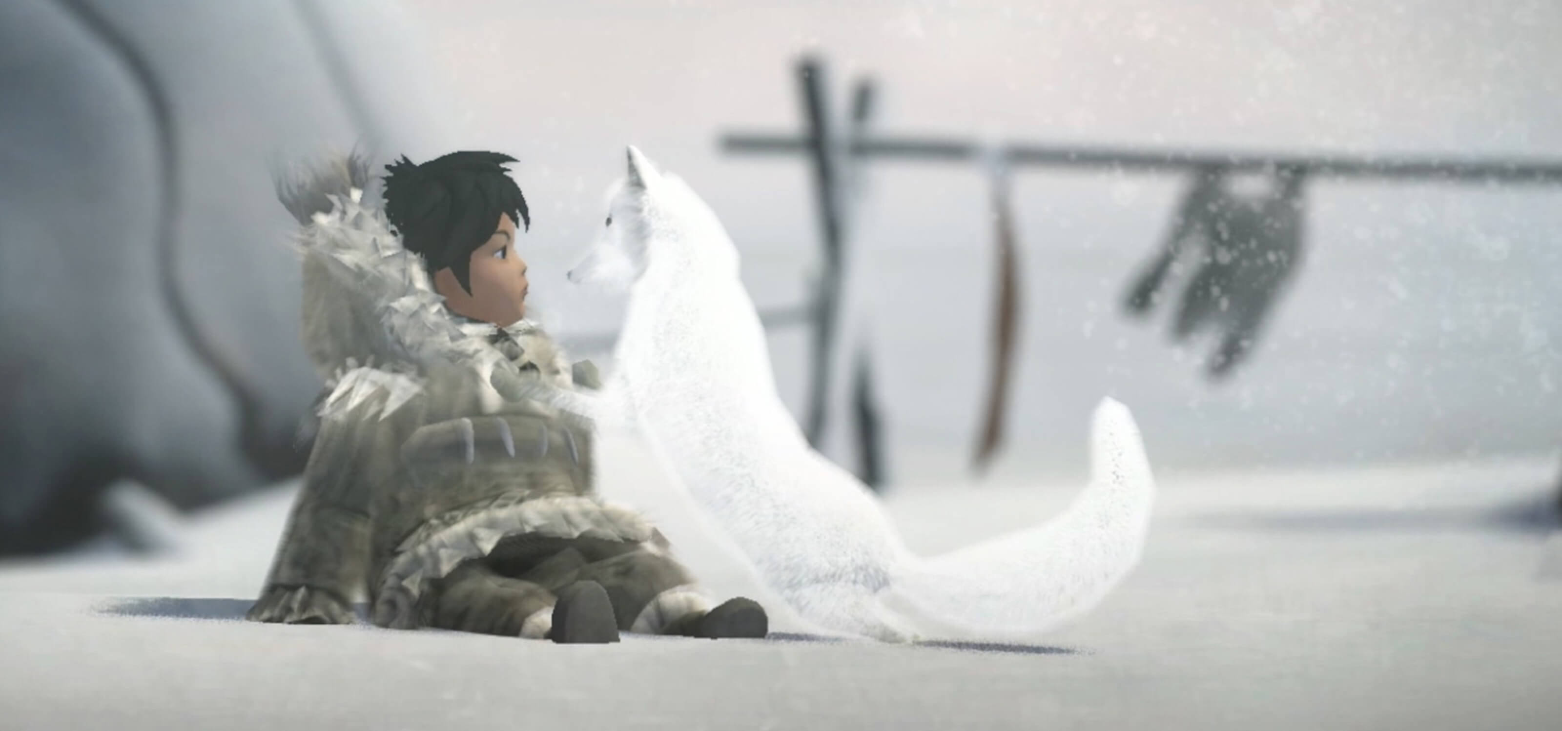Screenshot from Never Alone of young villager Nuna and her arctic fox sitting in the snow