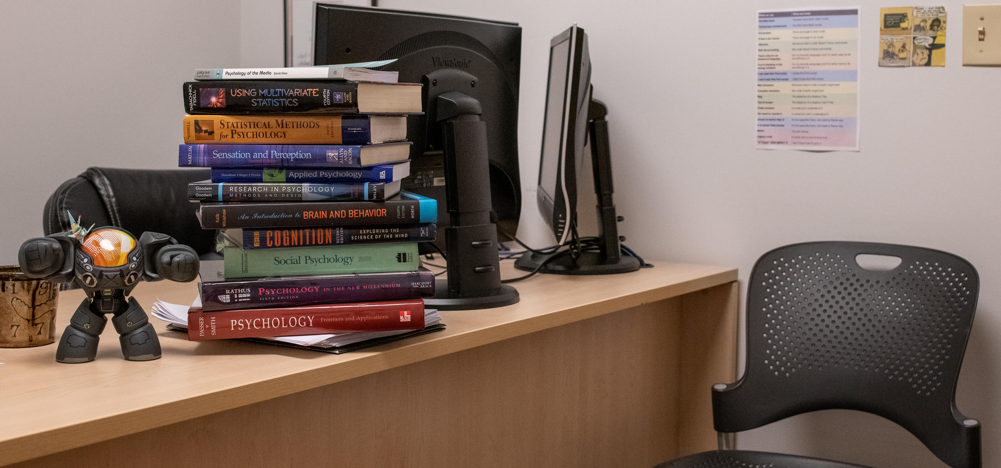 A stack of psychology textbooks sits atop a desk.