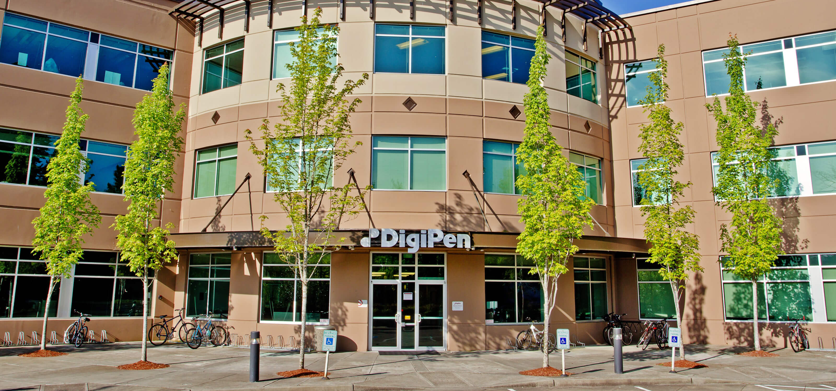 Picture of the DigiPen front entrance on a sunny day