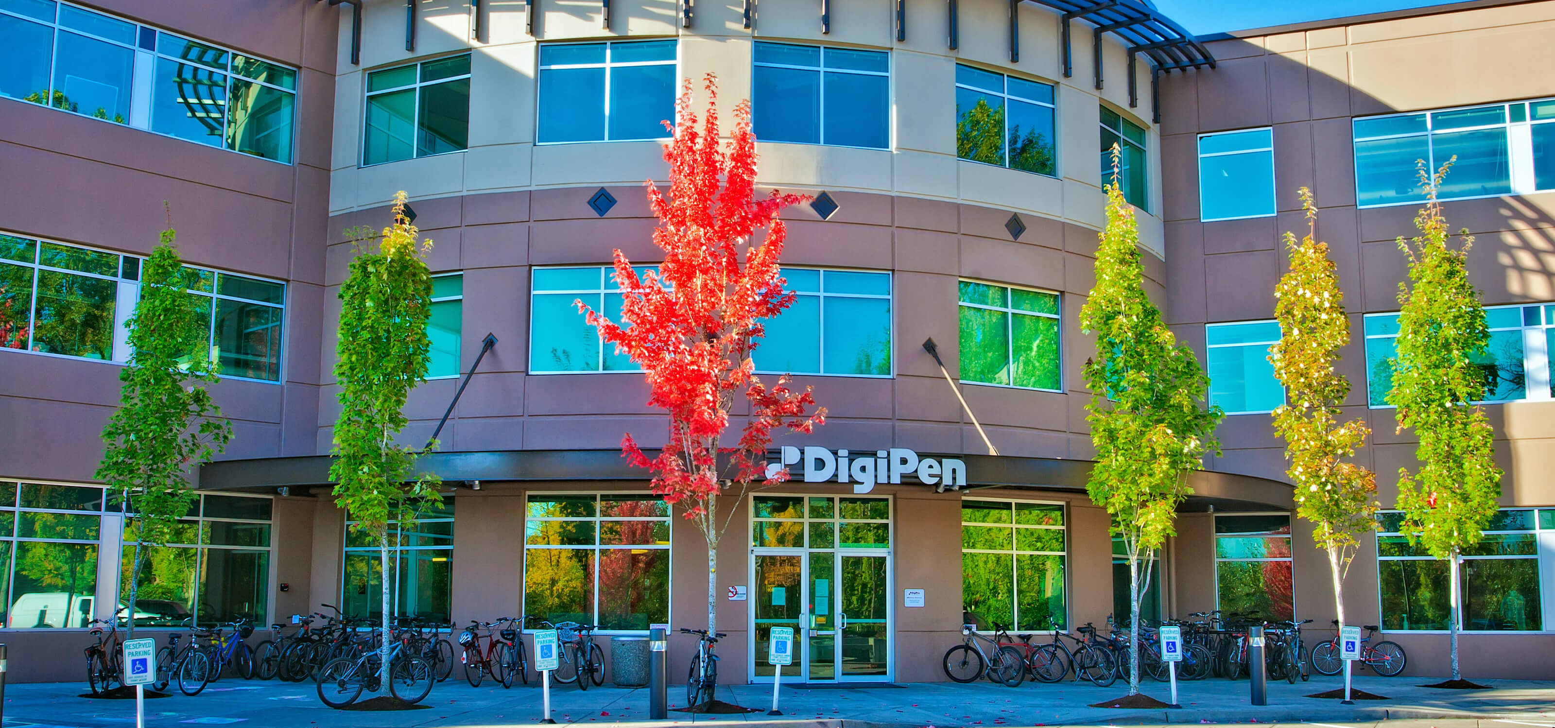 Close-up of the DigiPen front entrance on a sunny autumn day