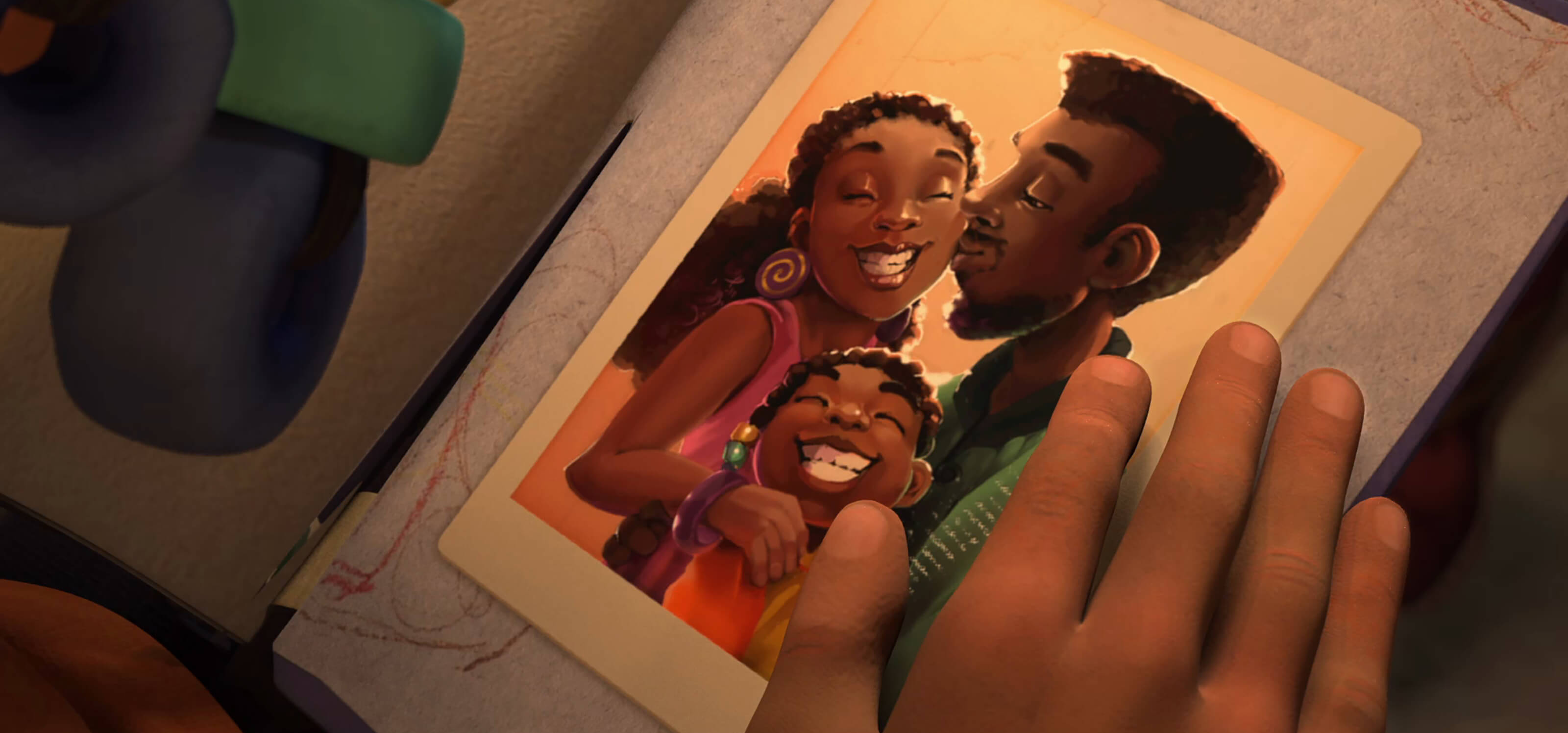 Screen capture from the DigiPen student film Adija. A young girl looks at a happy family photograph.