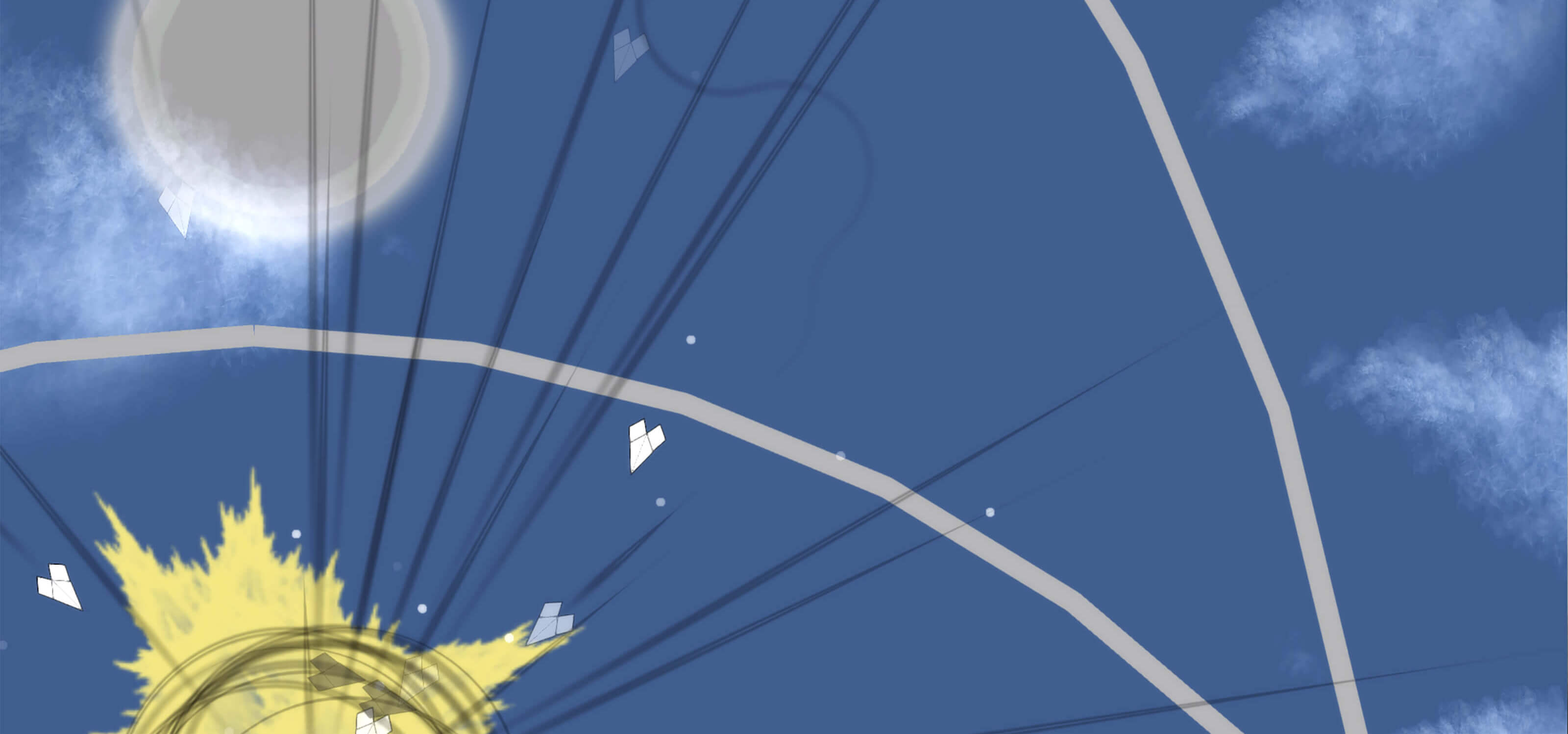Screenshot from DigiPen Singapore student game Meaning, featuring paper airplanes floating through the sky