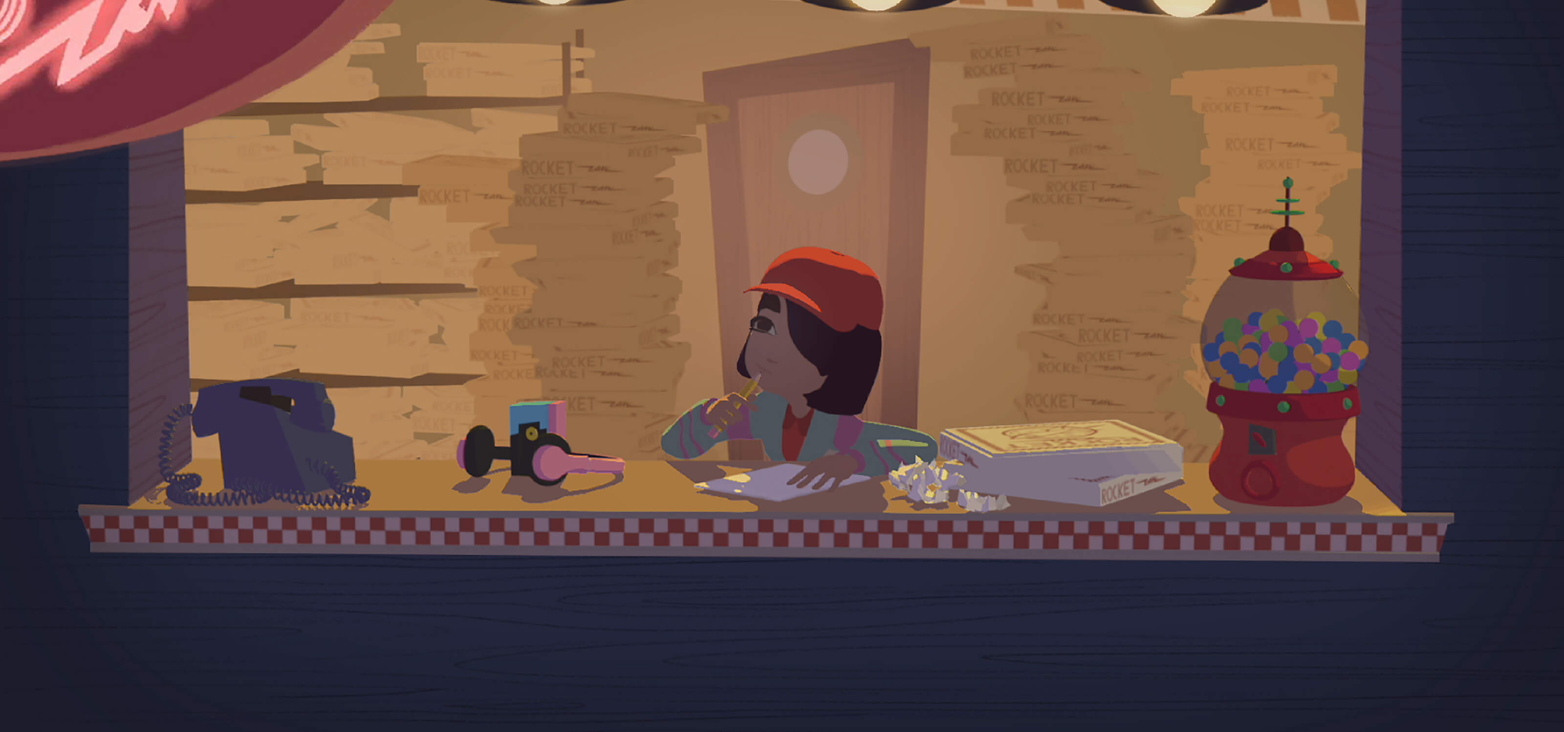 Screenshot from DigiPen student animation Galaxy Girl featuring the main character sketching at the Rocket Pizza counter