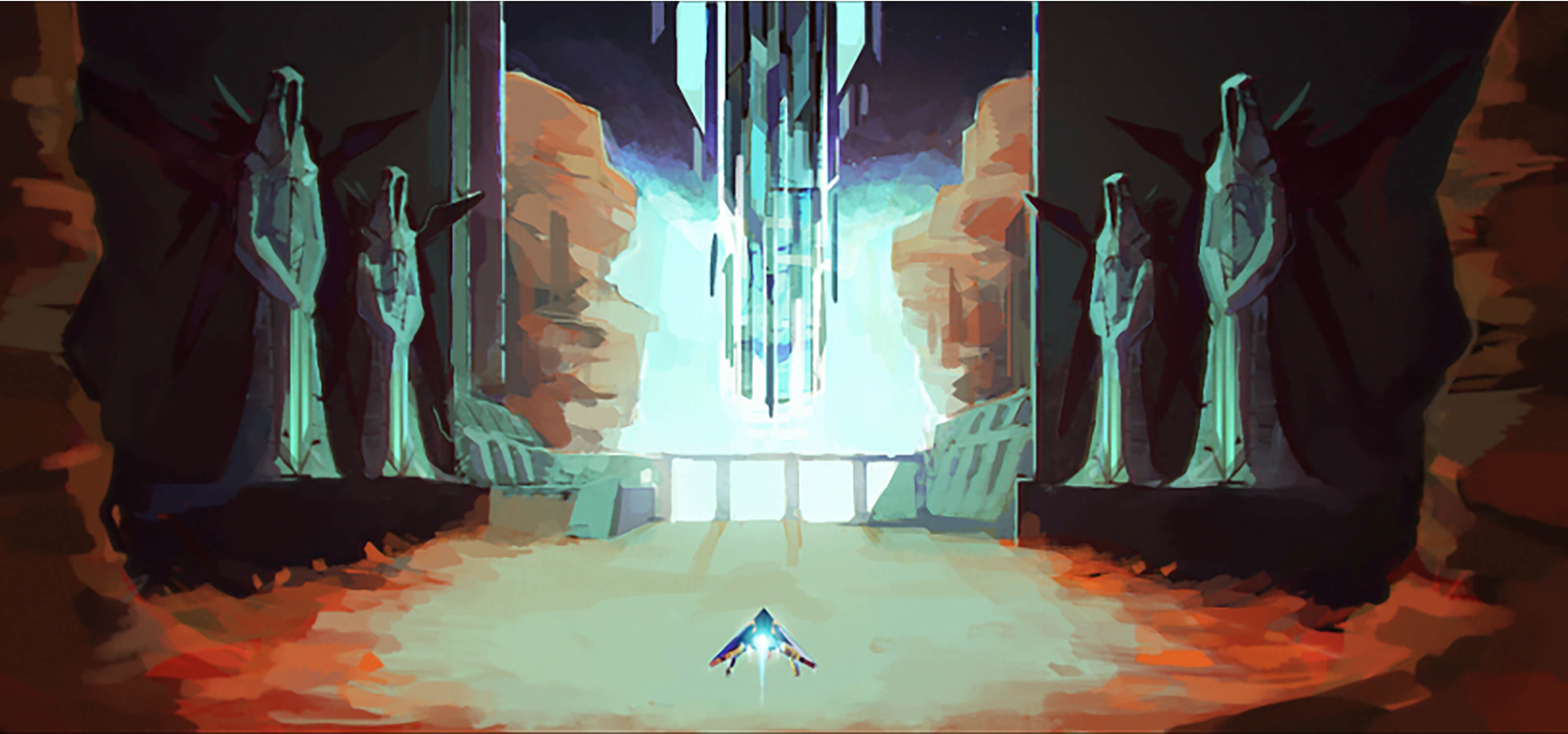 Digital painting of a hovercraft vehicle at the entrance of a vast chamber, flanked by large statues of alien hooded figures.