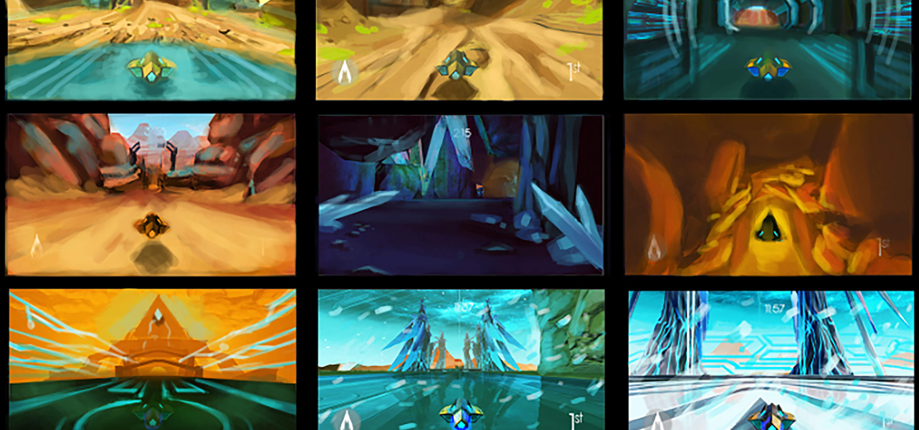 A series of 9 color keys for the student game Arc; each features a yellow hovercraft in a blue and yellow alien environment.