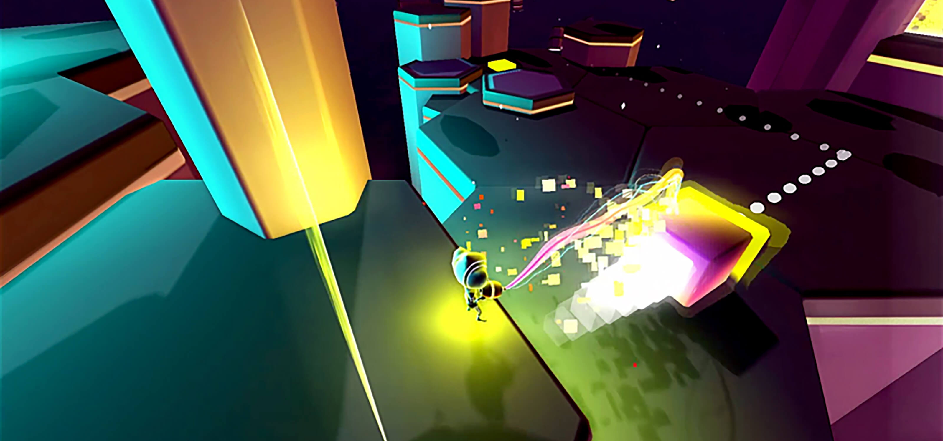 Screenshot from DigiPen (Singapore) game Chrono Disfunglement in which a helmet-clad avatar shoots particle beams at a large purple cube. 