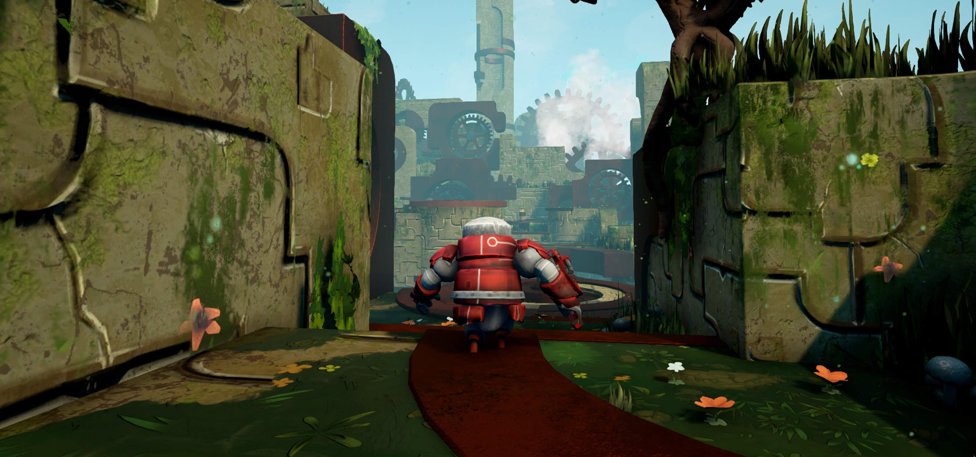 A red robot running through a clockwork world