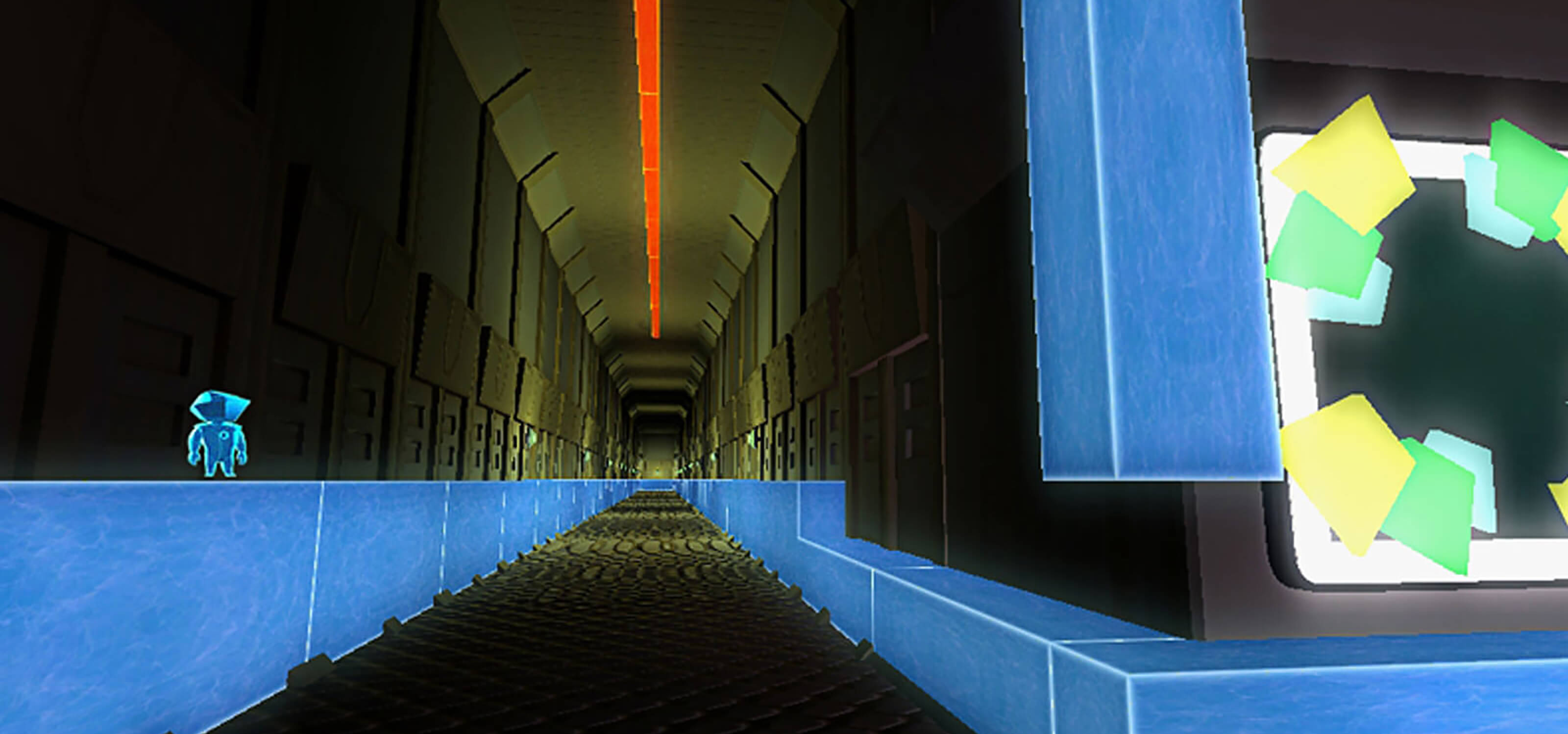 The player's avatar stands atop blue blocks running the length of a long metallic hallway