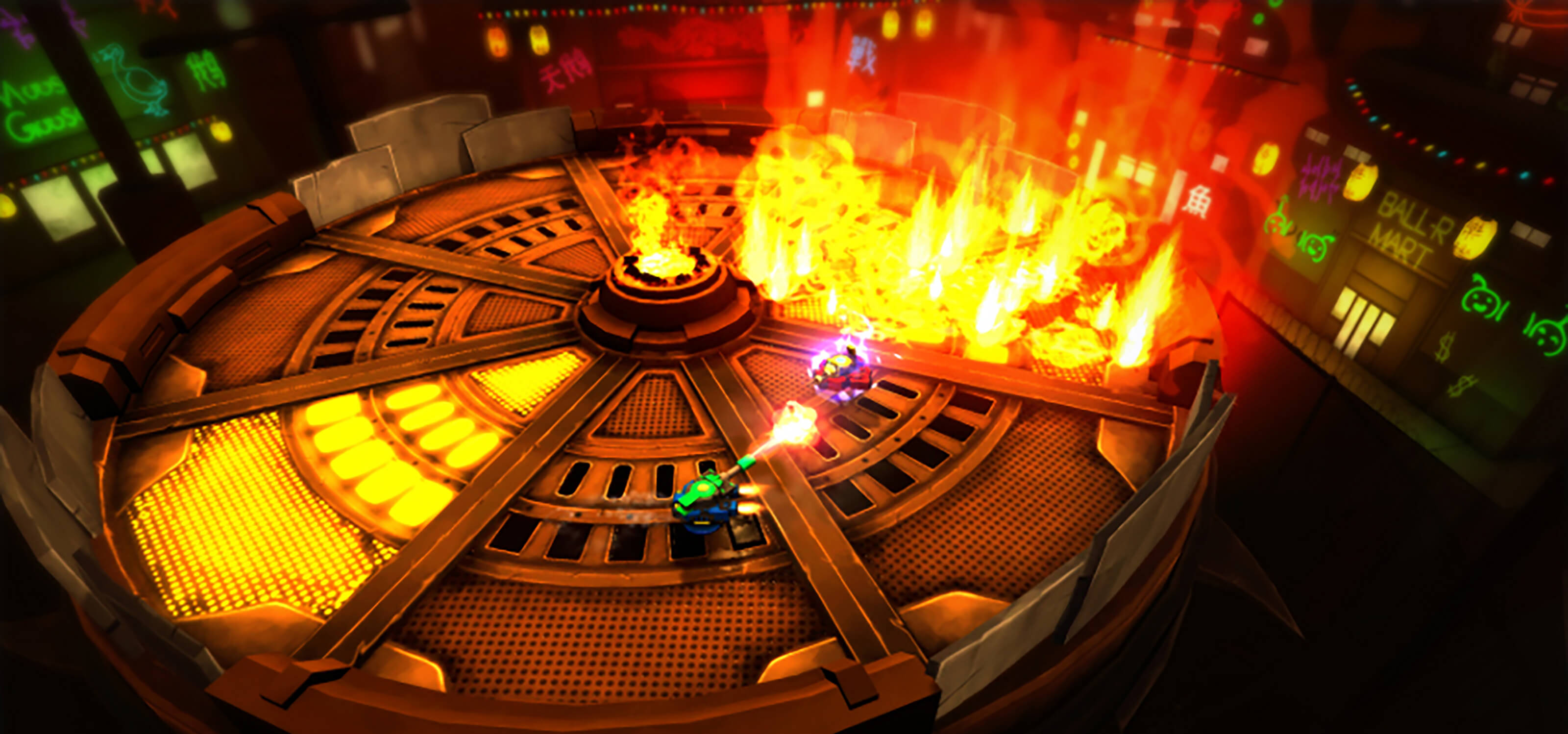 Screenshot of student game Wingman in which two hoverships battle in a circular arena where the floor is bursting in flames. 