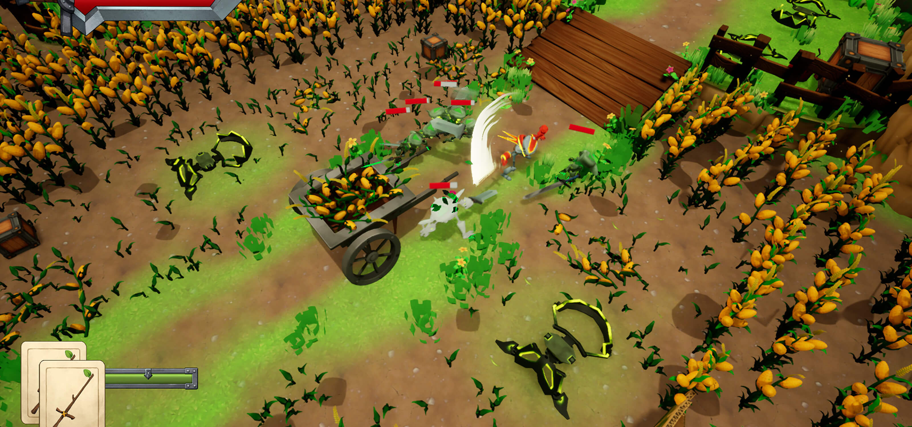 Excalibots screenshot: Robot knight swings sword at cluster of enemy goblins in a field of flowers