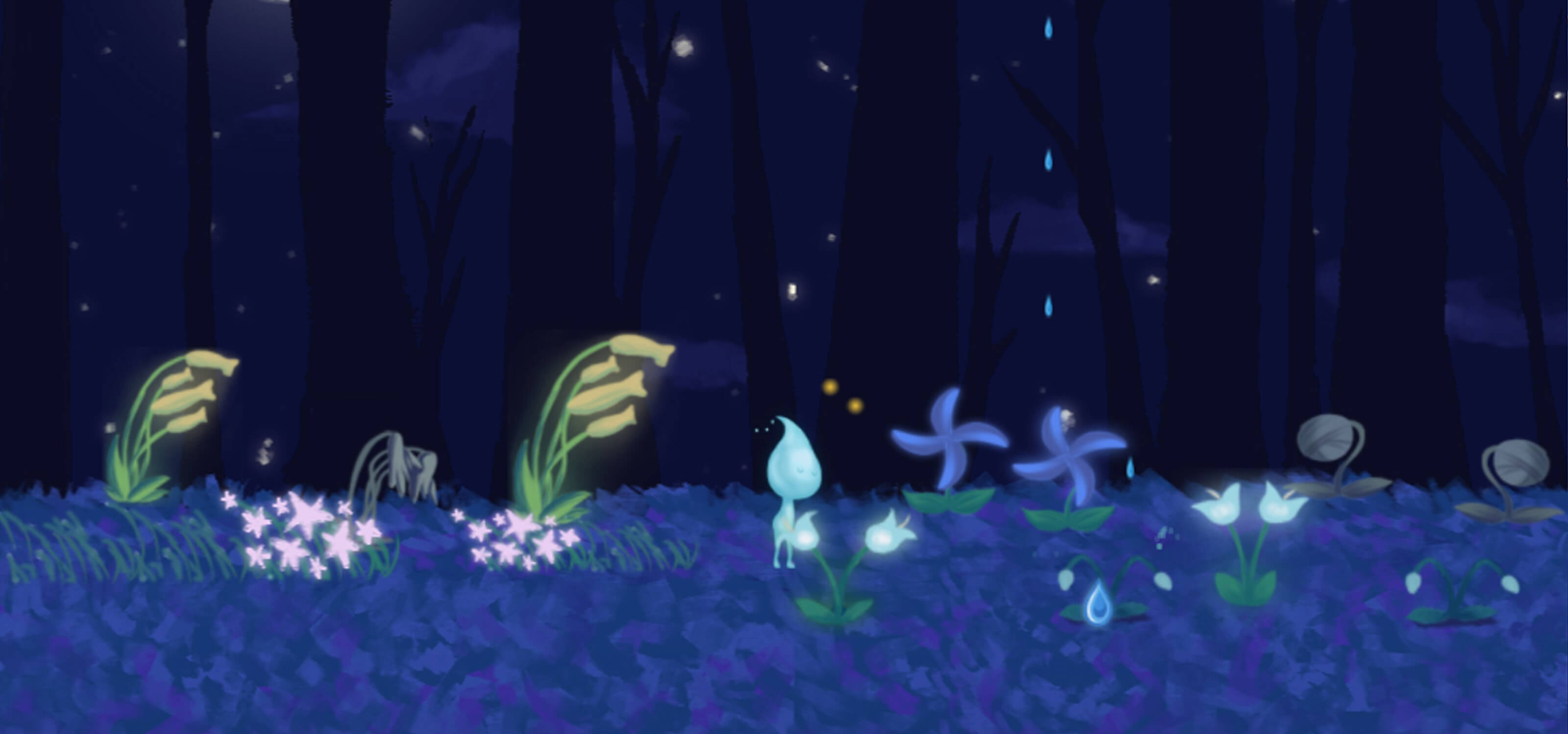 Screenshot from DigiPen student game Douse of a rain sprite with a water-droplet-shaped head with flowers in a dark forest