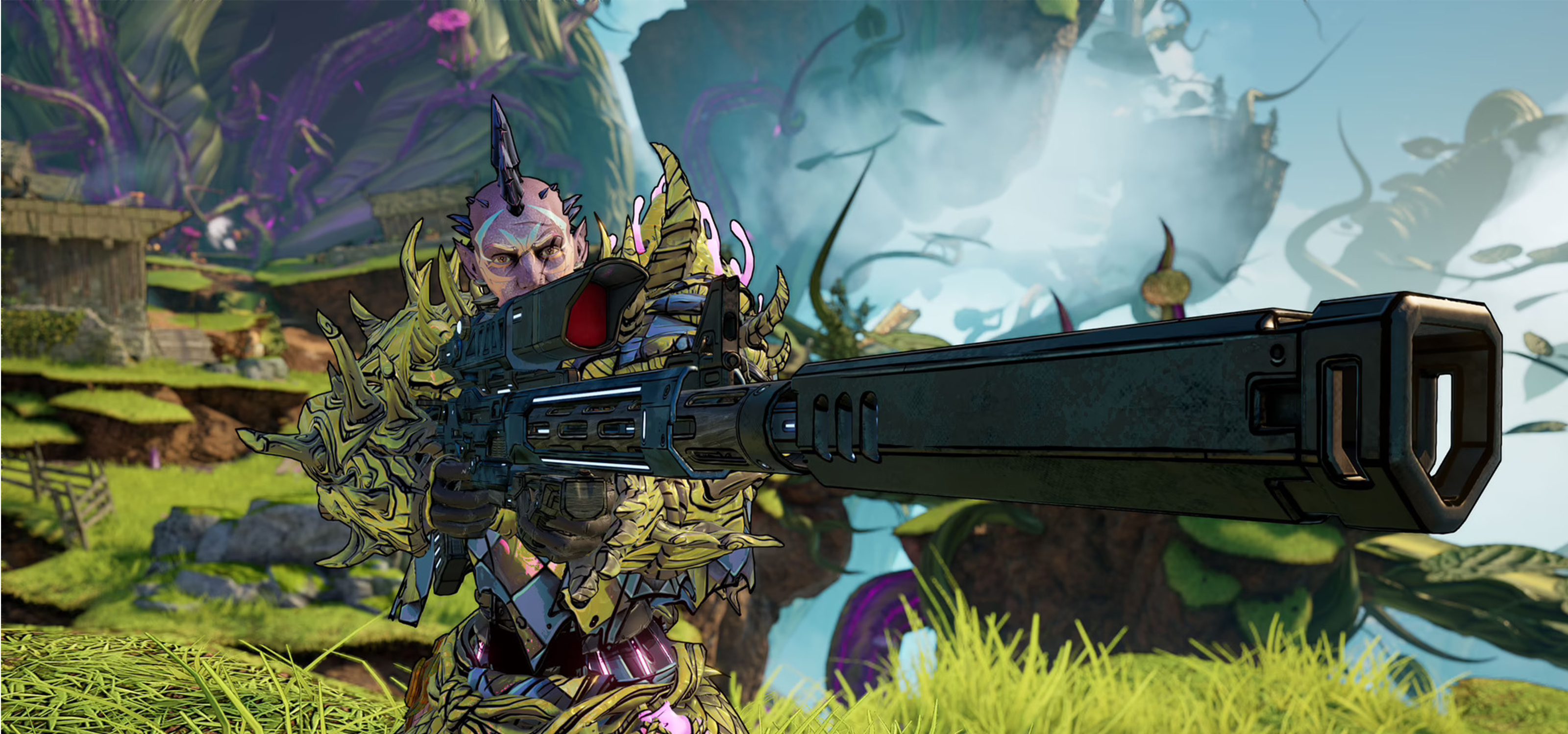 A fantasy character with spiky armor and a mohawk holds a large rifle.