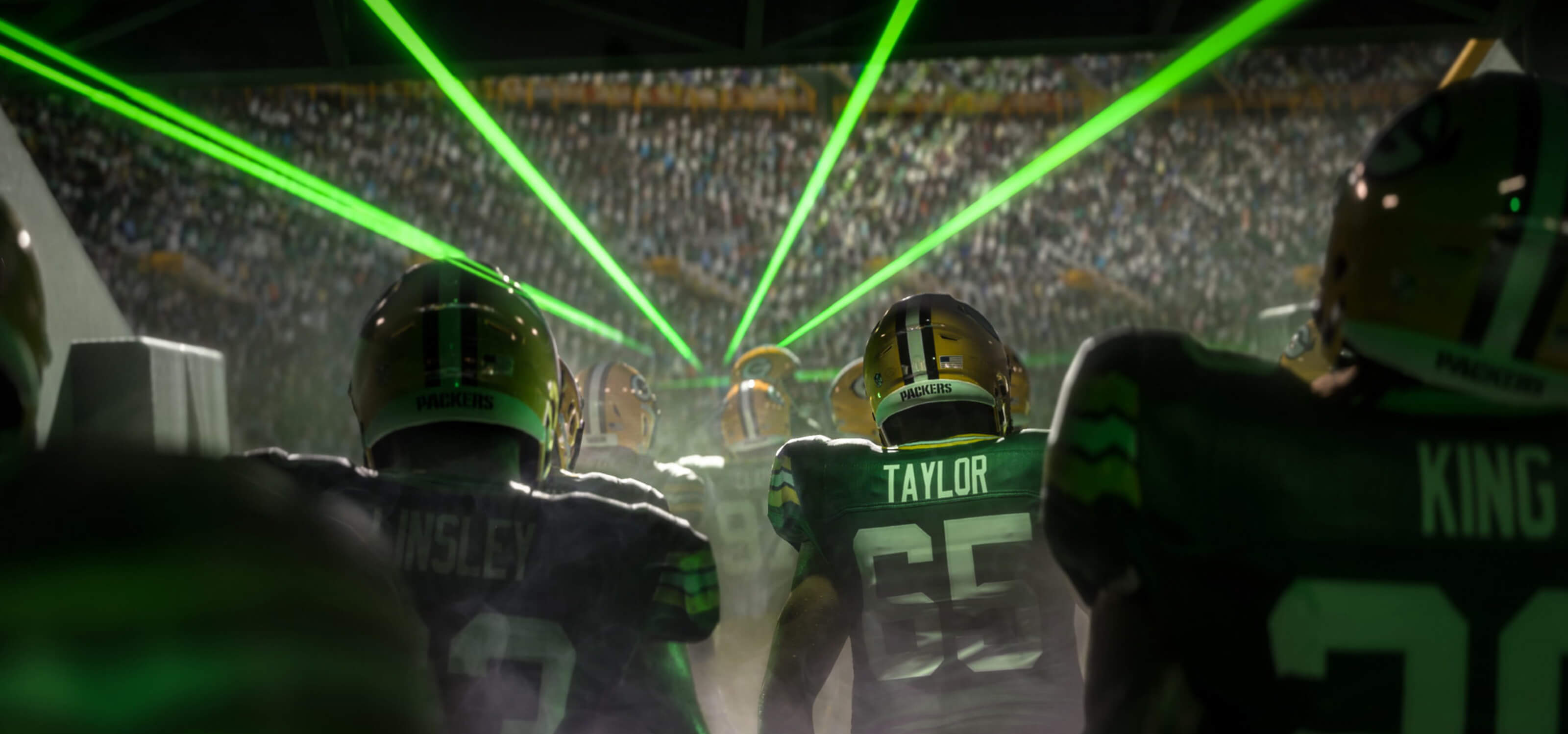 A screenshot of the Green Bay Packers exiting their locker room with lasers overhead from Madden NFL 21.