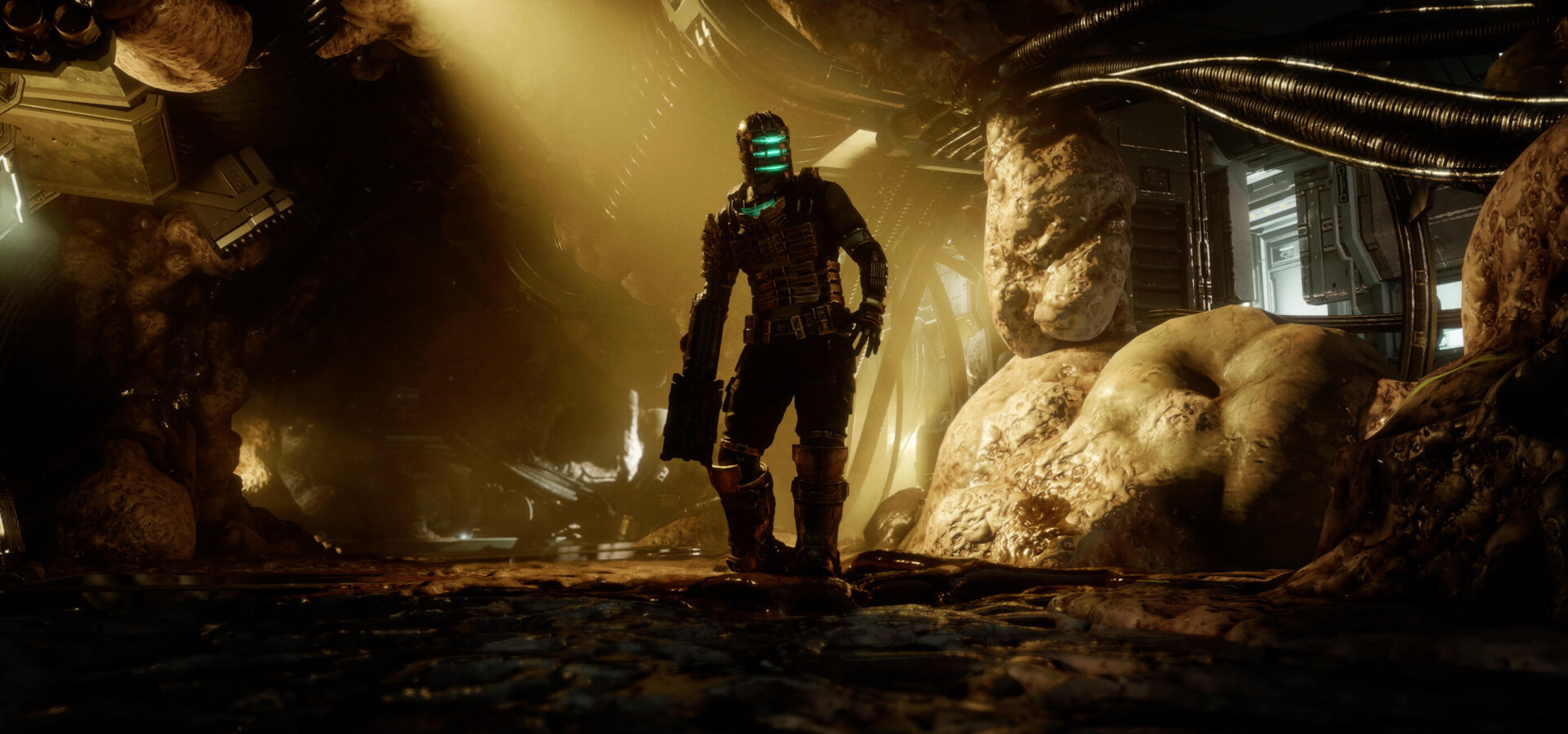 Dead Space protagonist Isaac Clarke stands in a dimly lit room with grotesque organic material growing over the floors, walls, and ceilings.