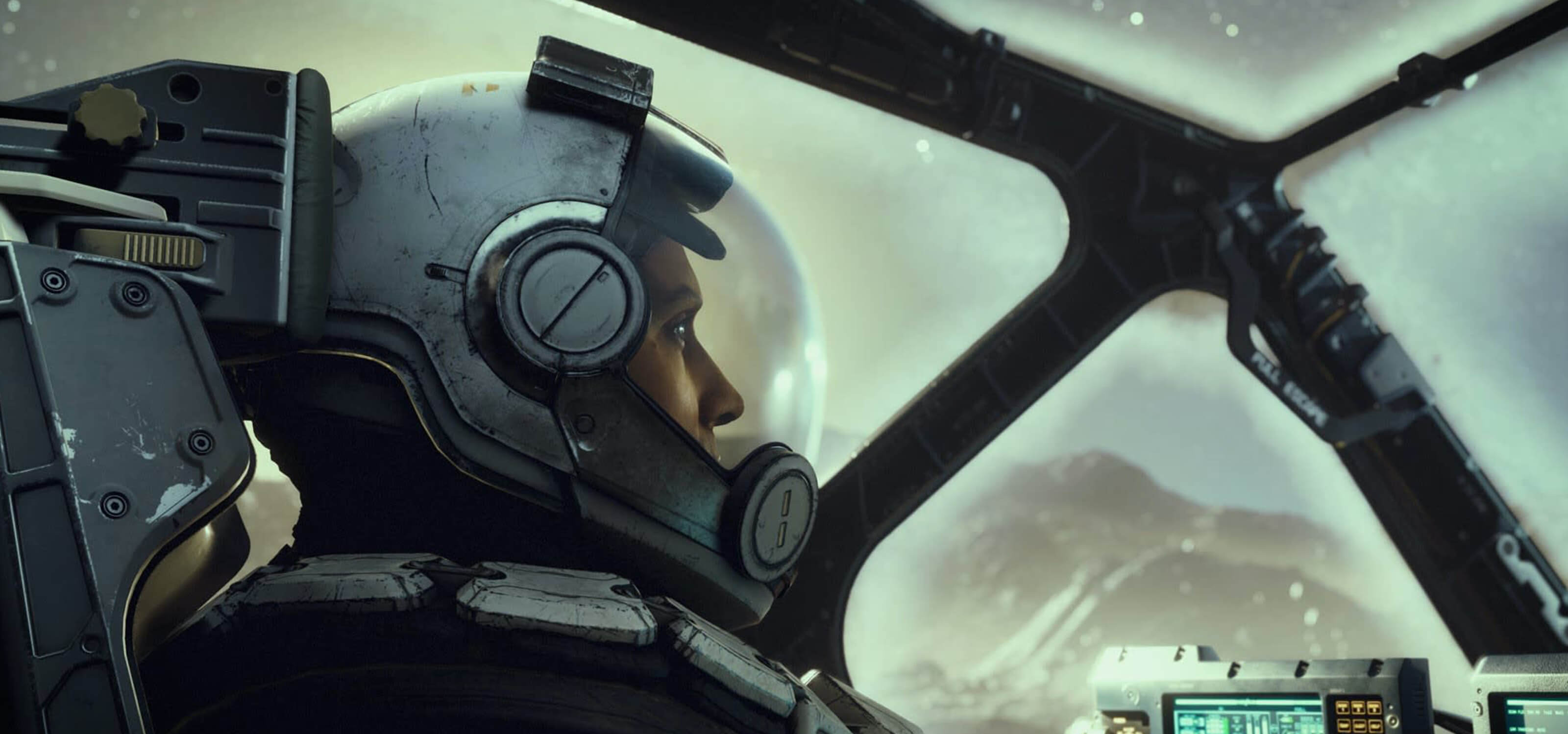 A screenshot from Starfield showing a man in a space helmet gazing out of his spaceship cockpit.