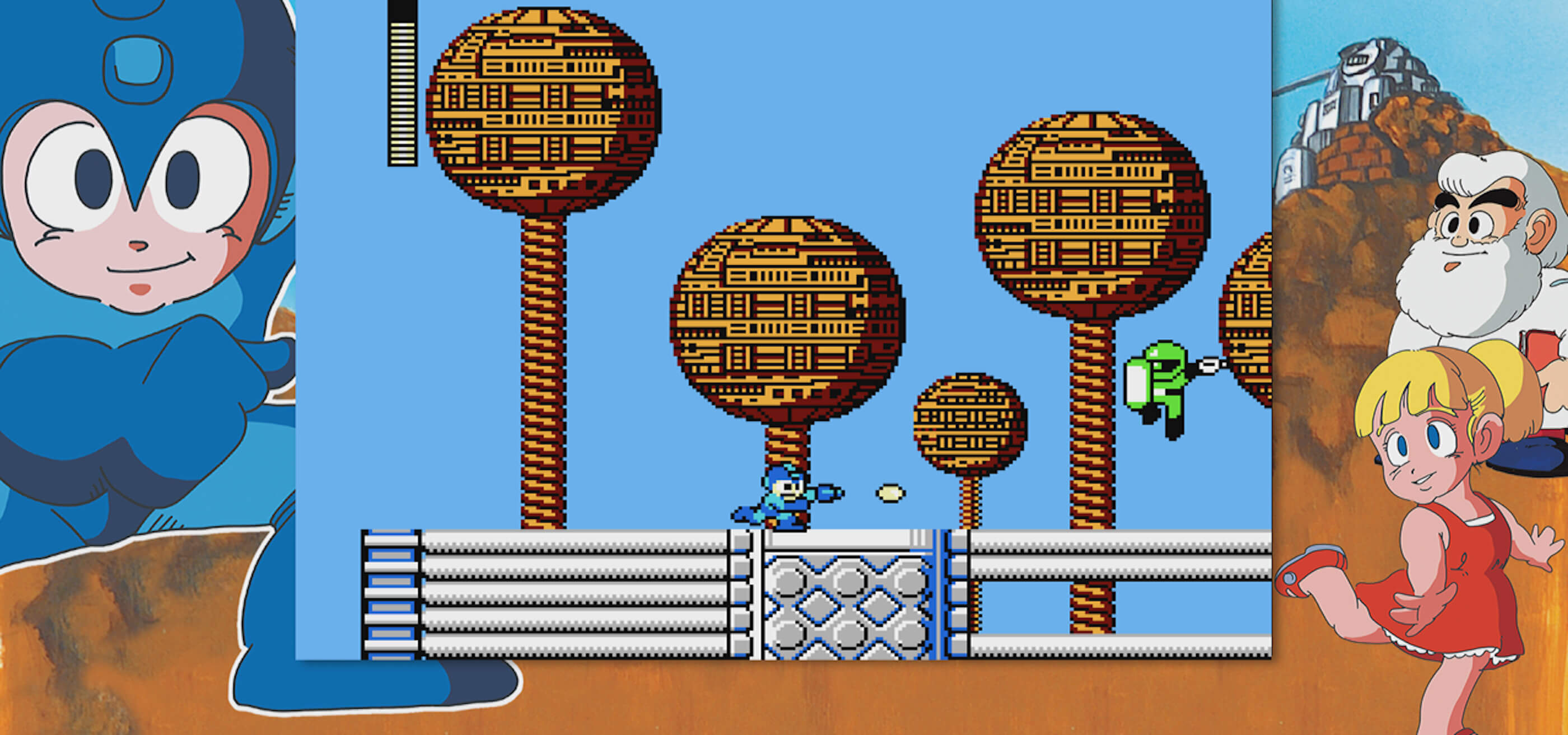 Partial screenshot from original Mega Man video game showing blue robot character running along a platform with spherical structures in the background.