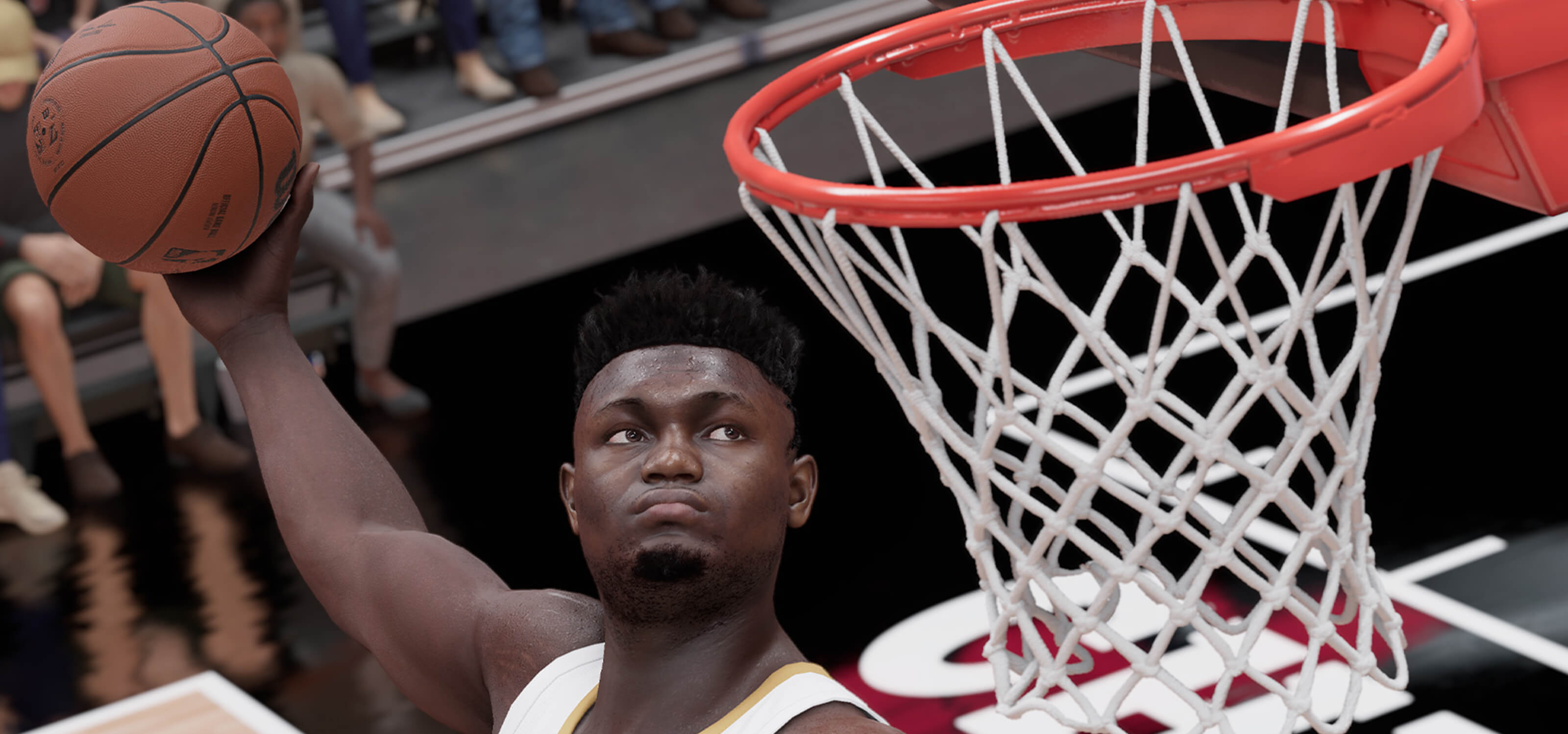 Zion Williamson from NBA 2K23 mid-air preparing to make a slam dunk.