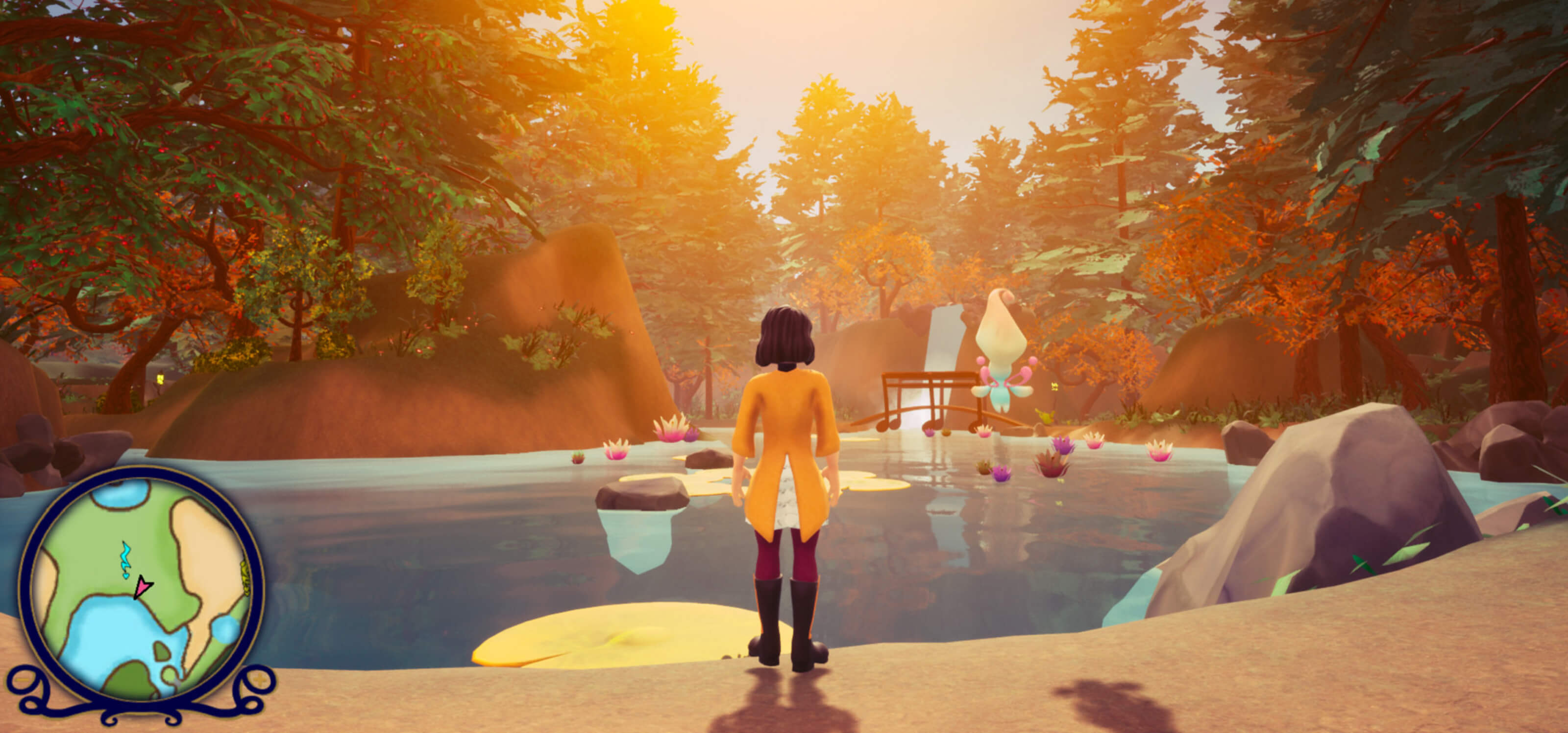 Renatta, hero of student game Lirica, overlooks a lake as the sun sets. 