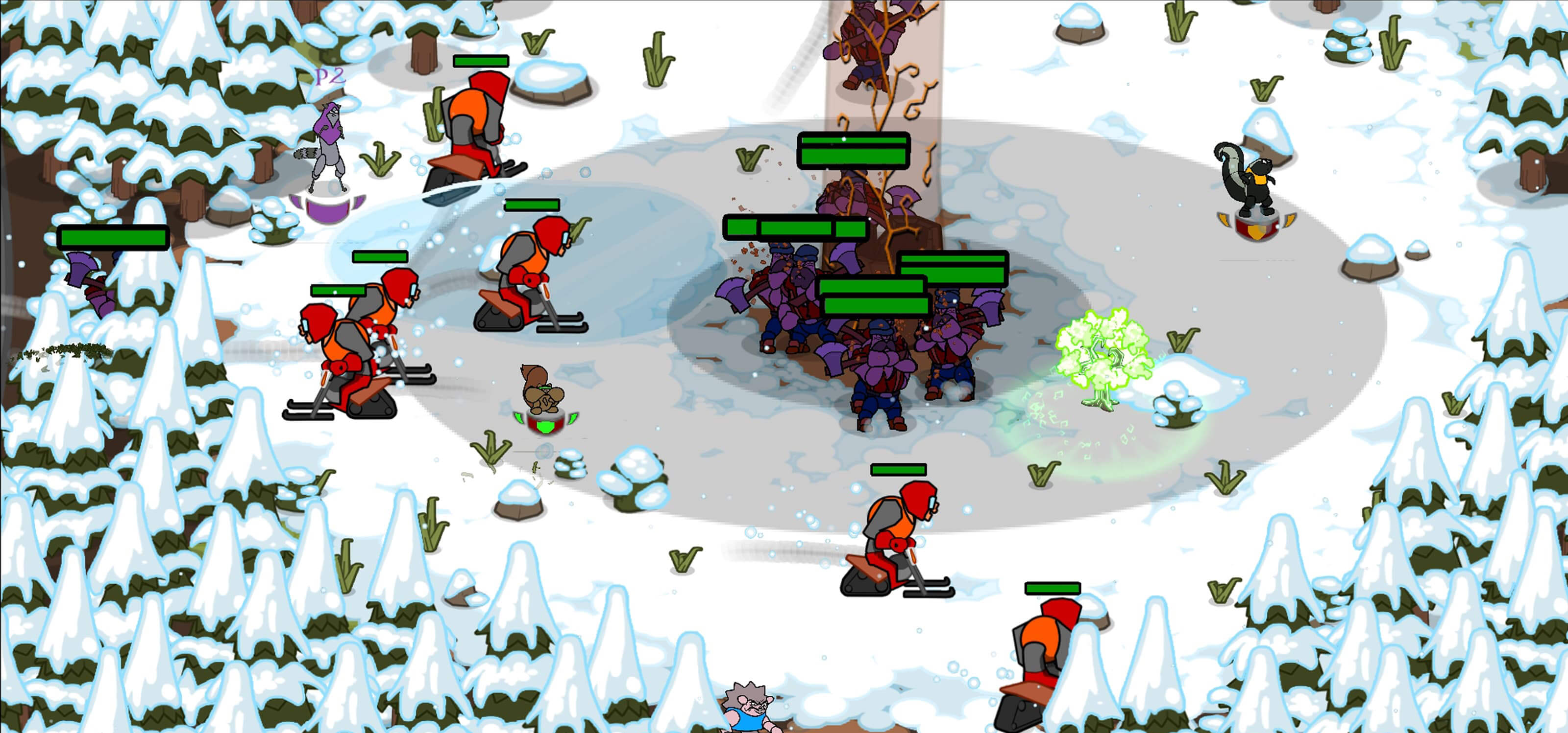 Screenshot featuring gameplay in a snowy forest from DigiPen student game N.U.T.S.: Forest FriendZ