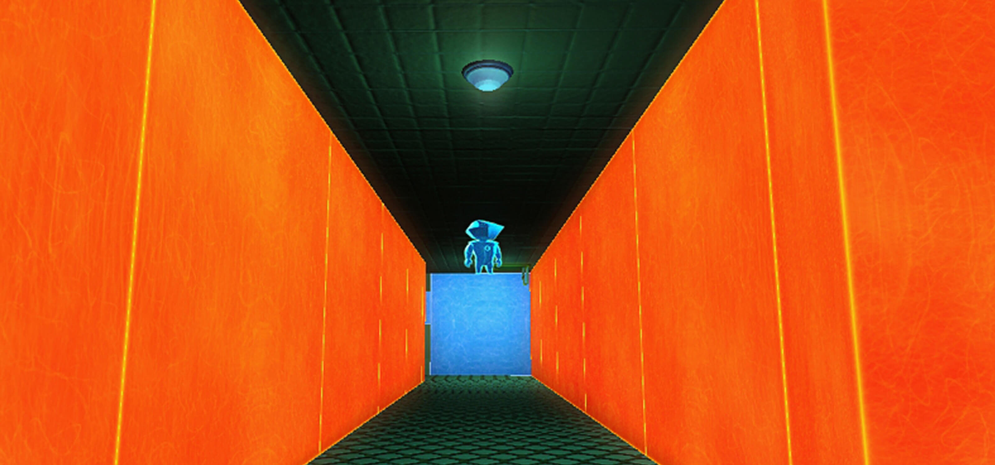 Screenshot from DigiPen student game Perspective of a character gazing down an orange-walled hallway