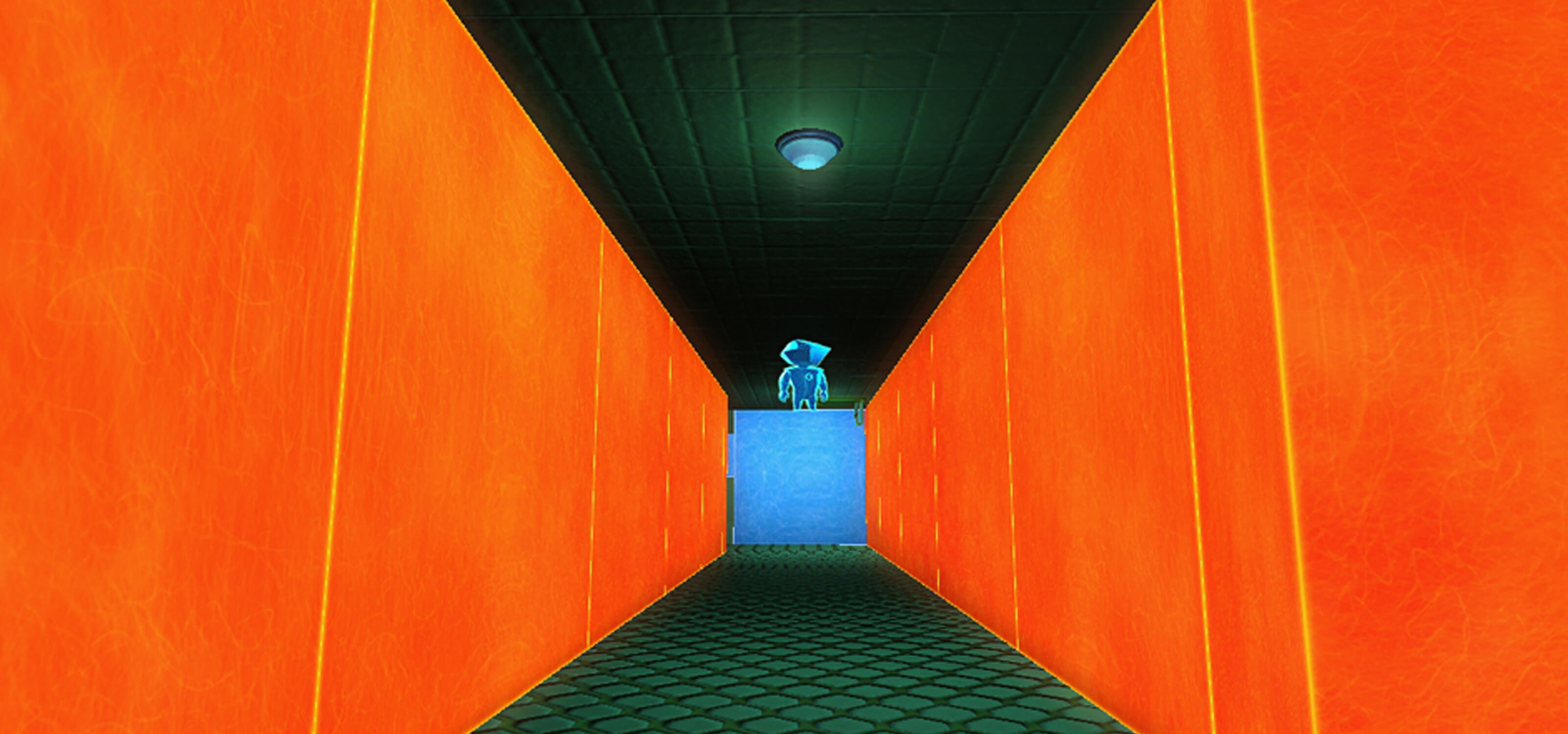 The player's blue avatar stands atop a blue block surrounded by orange walls