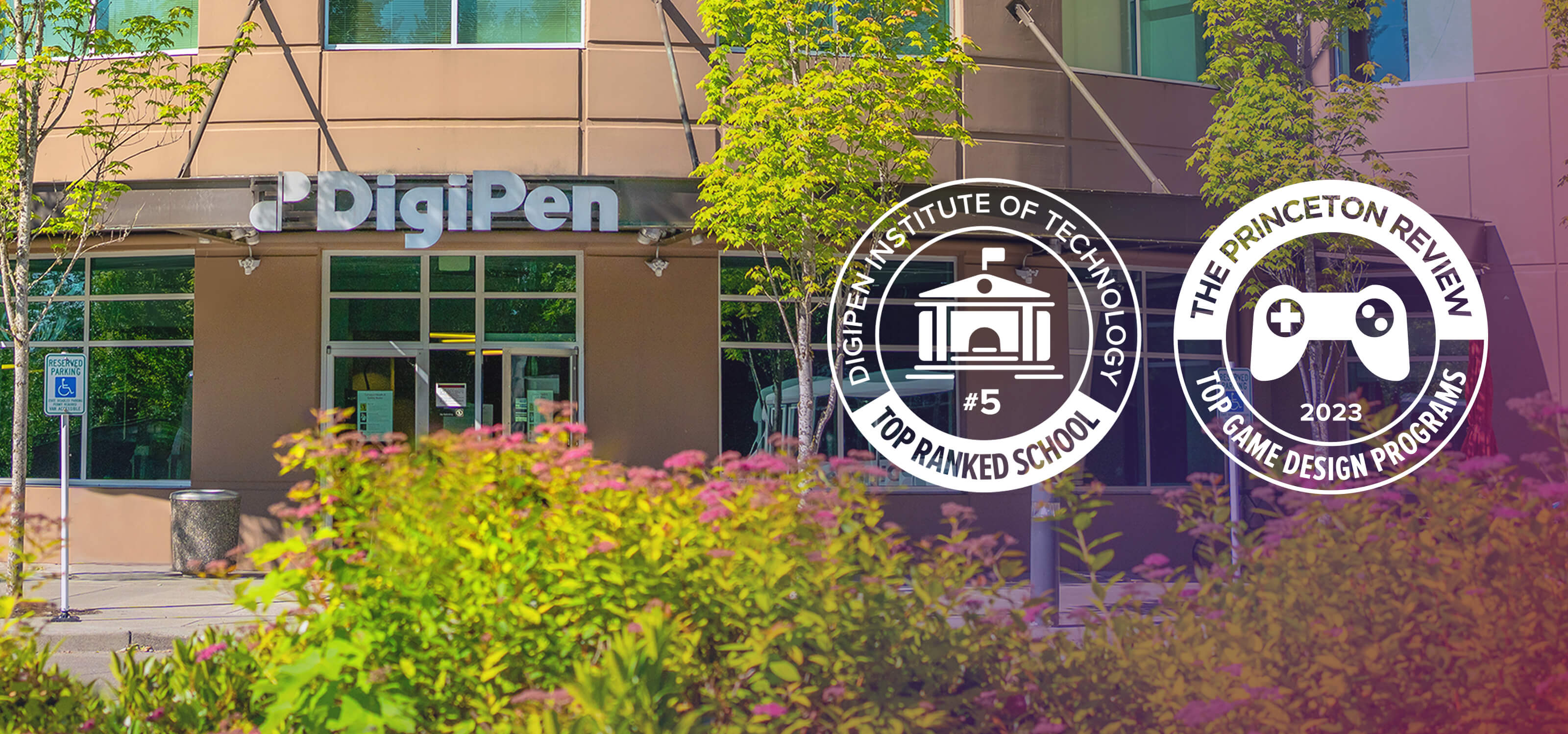 An exterior shot of DigiPen’s main building overlaid with badges displaying its 2023 Princeton Review ranking. 