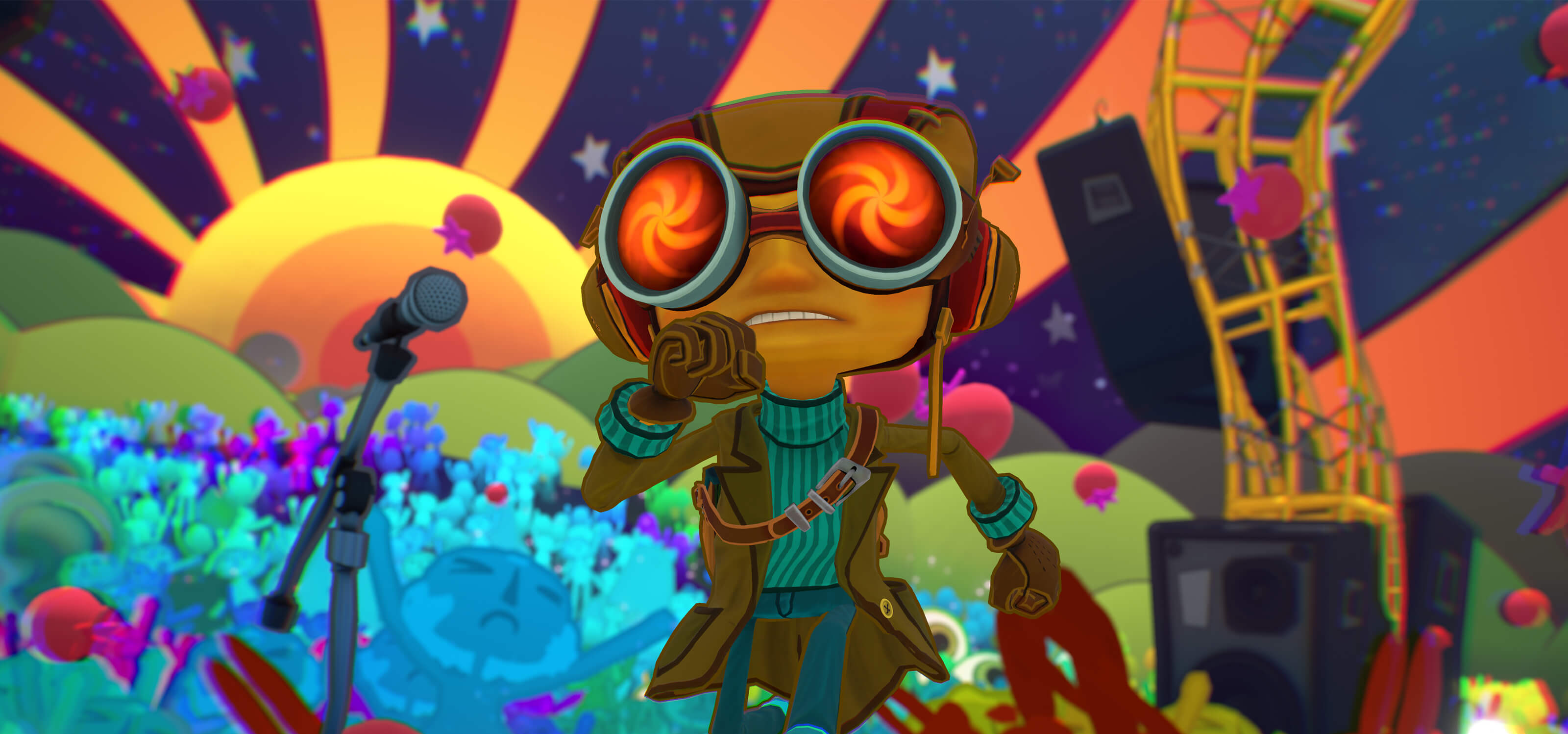 Raz from Psychonauts 2 runs across a colorful concert stage with a crowd behind him.