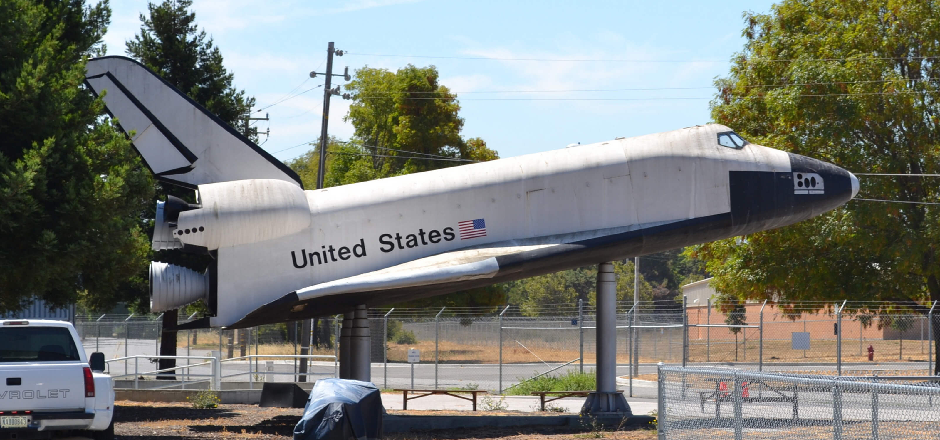 A model of a spaceship outside the NASA Ames Research Center.
