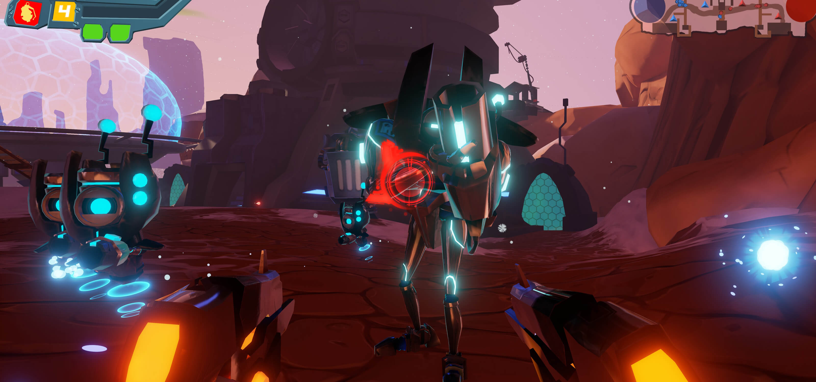 Screenshot from DigiPen student game RumbleTV of robot-like creatures in a desert setting