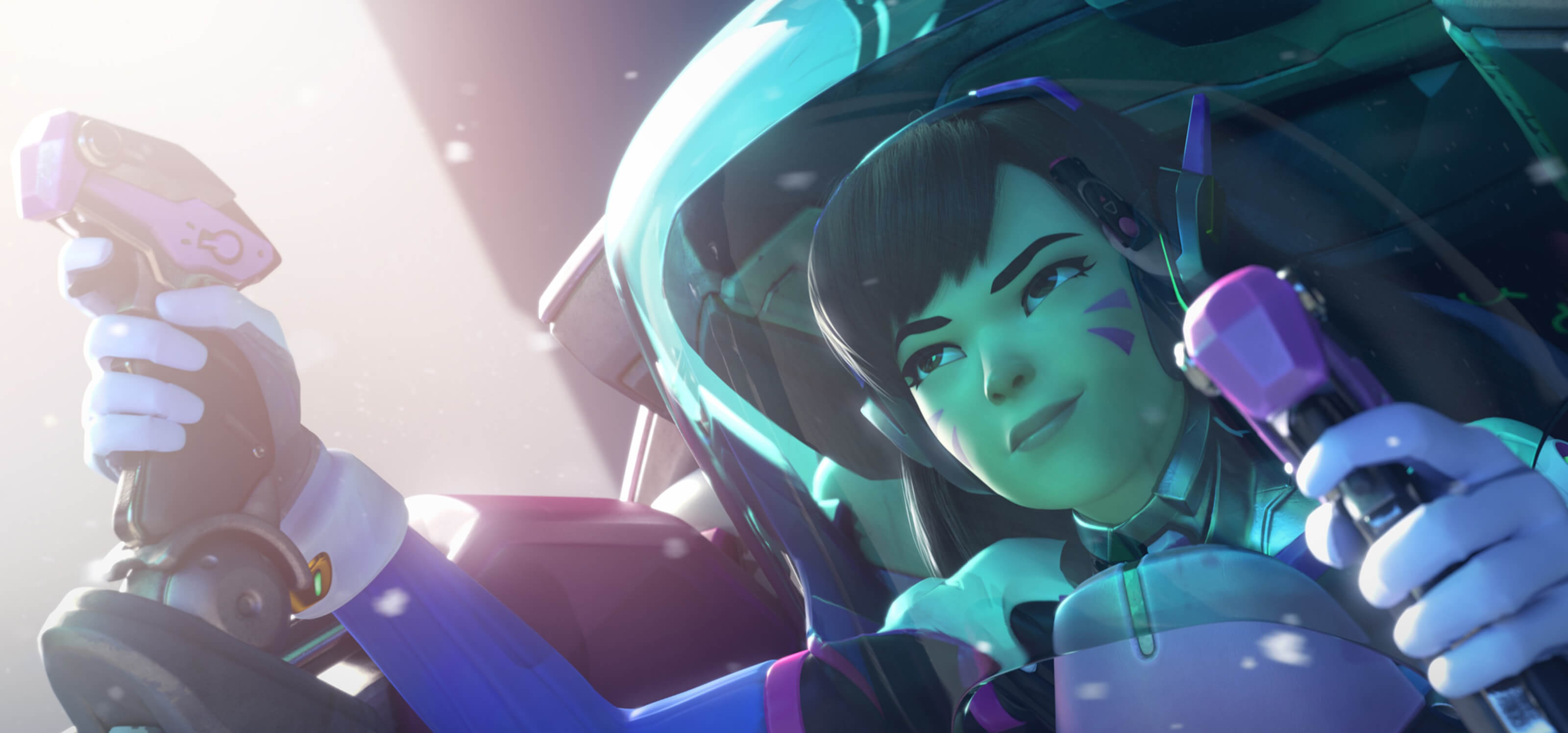 Screenshot of Overwatch character D.Va piloting her armored battle suit