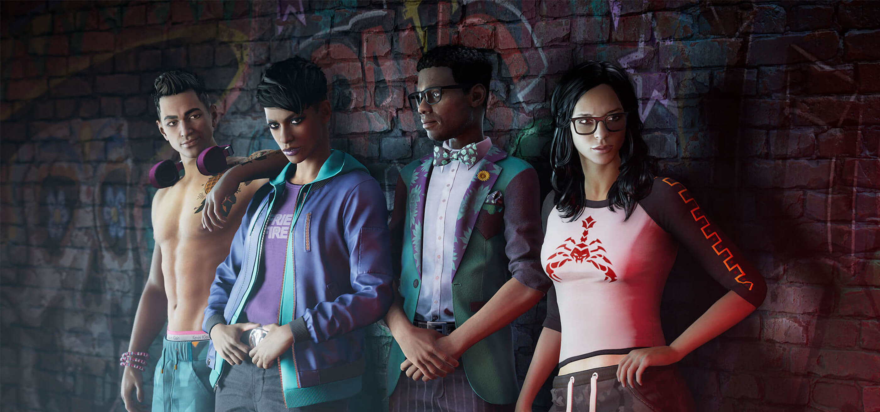Four Saints Row IV characters pose against a brick wall with graffiti on it