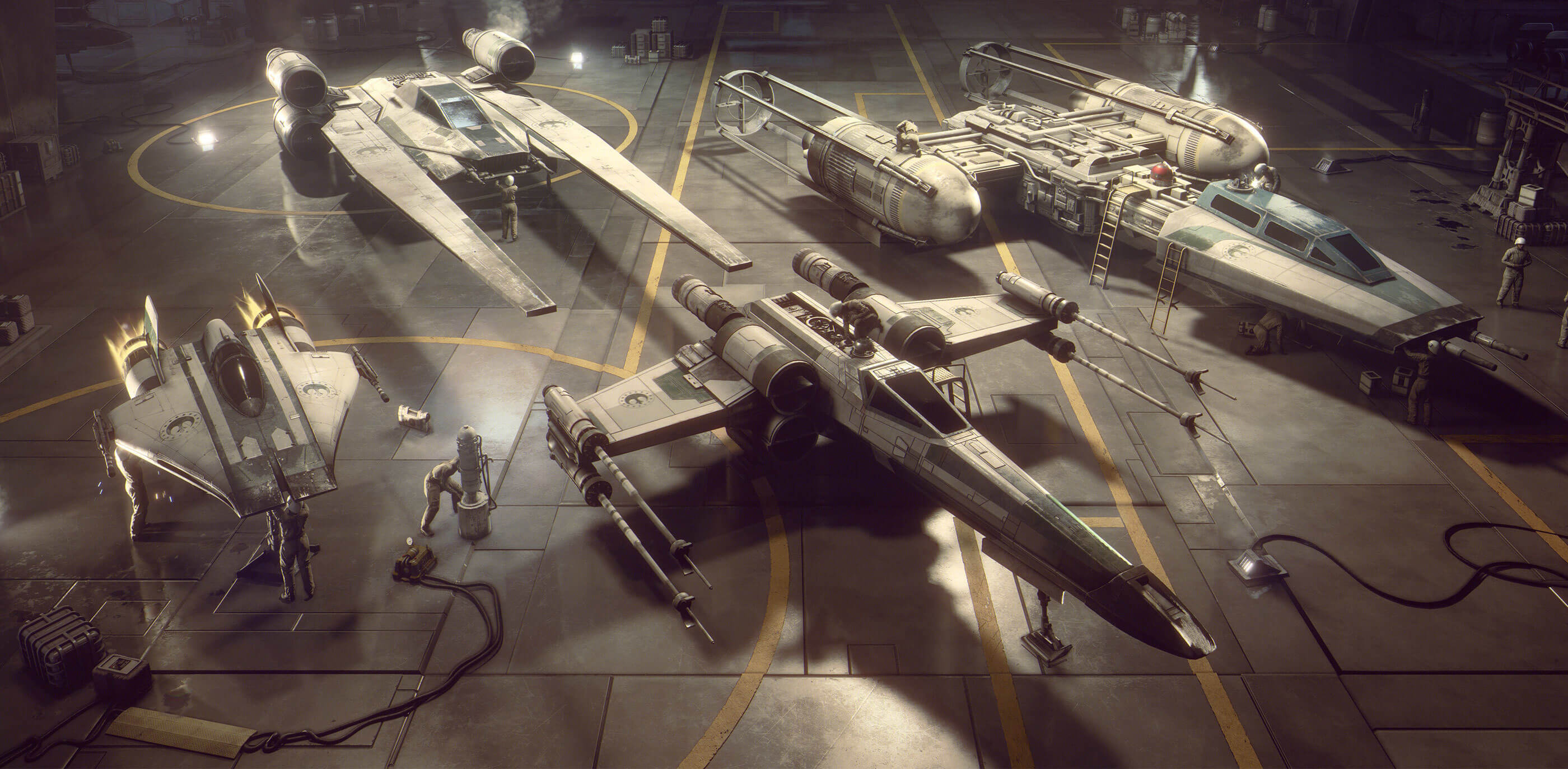 An X-Wing fighter and other Rebel Alliance ships sit in a hangar