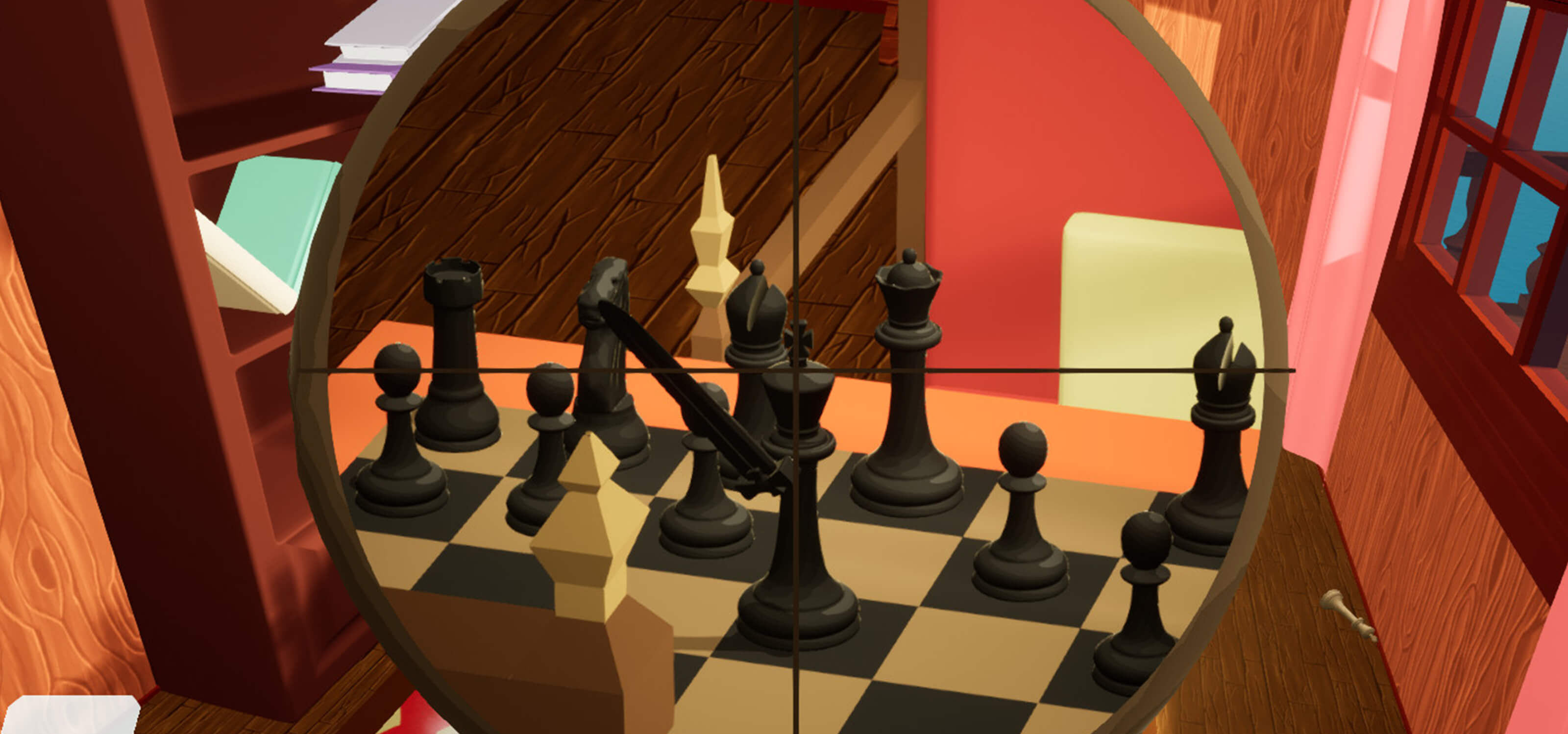 A rook looks at a king down the barrel of its sniper rifle in FPS Chess.