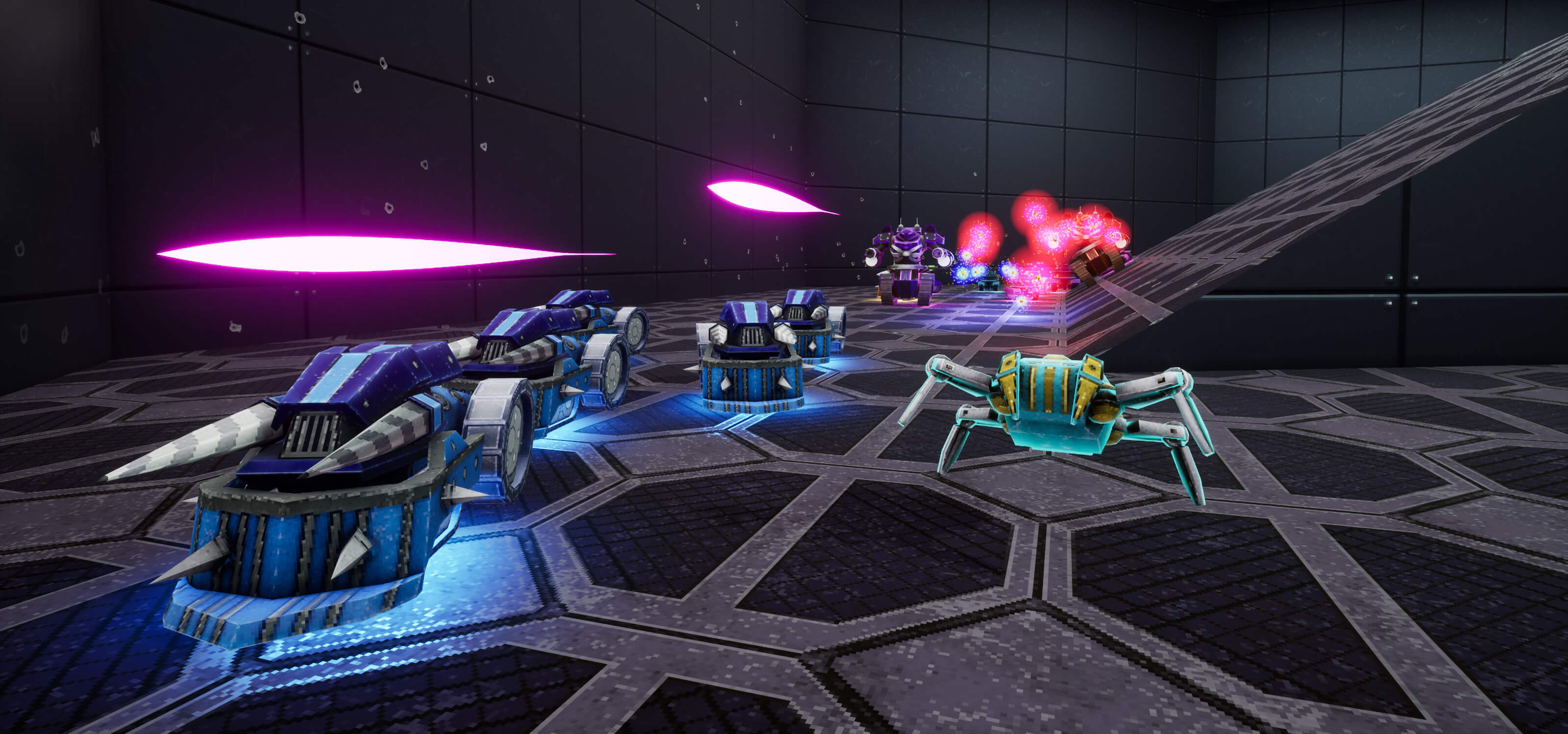 Game screenshot from OMFG: One Million Fatal Guns; room filled with deadly enemy robots