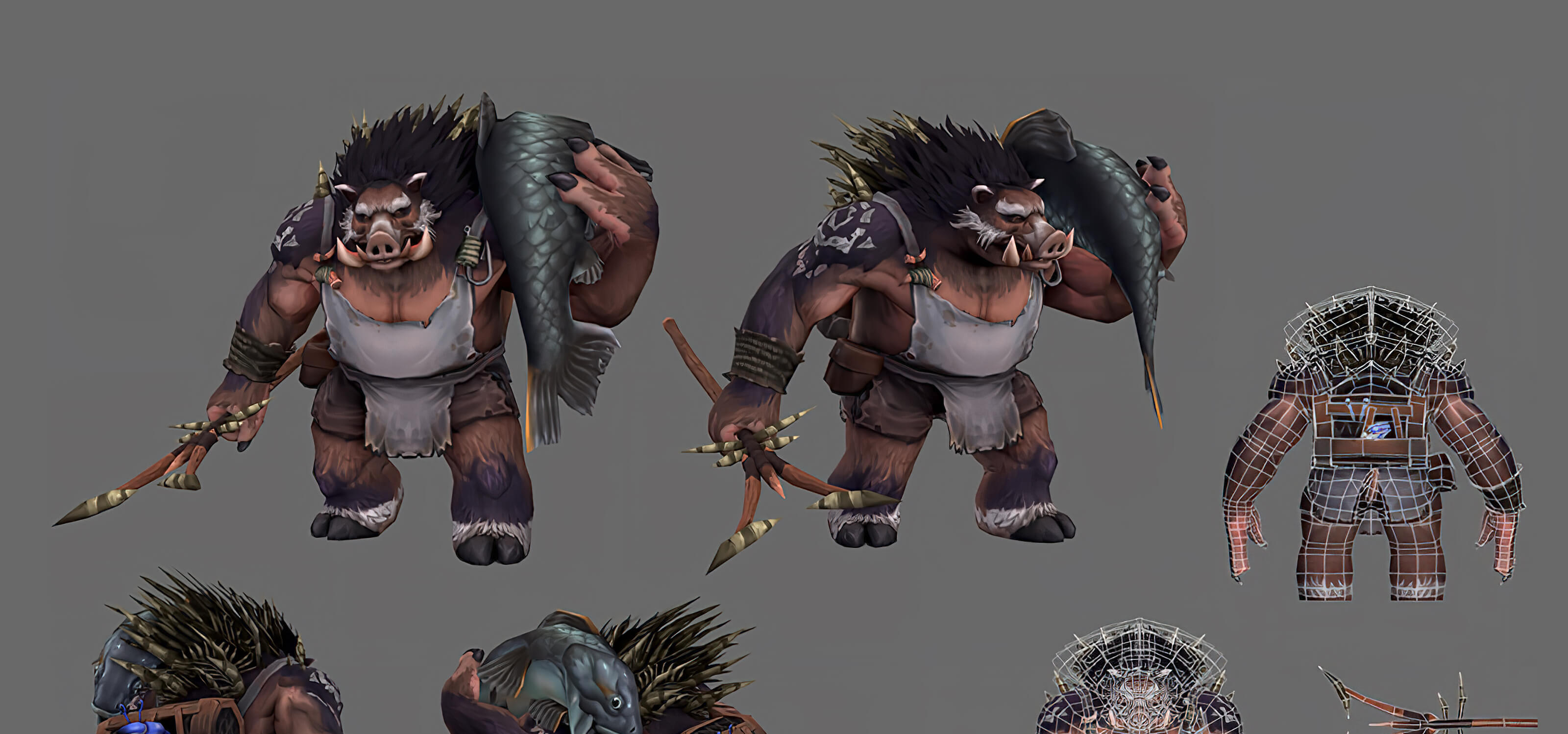 A 3D turnaround of a boar character holding a large fish and a spear.