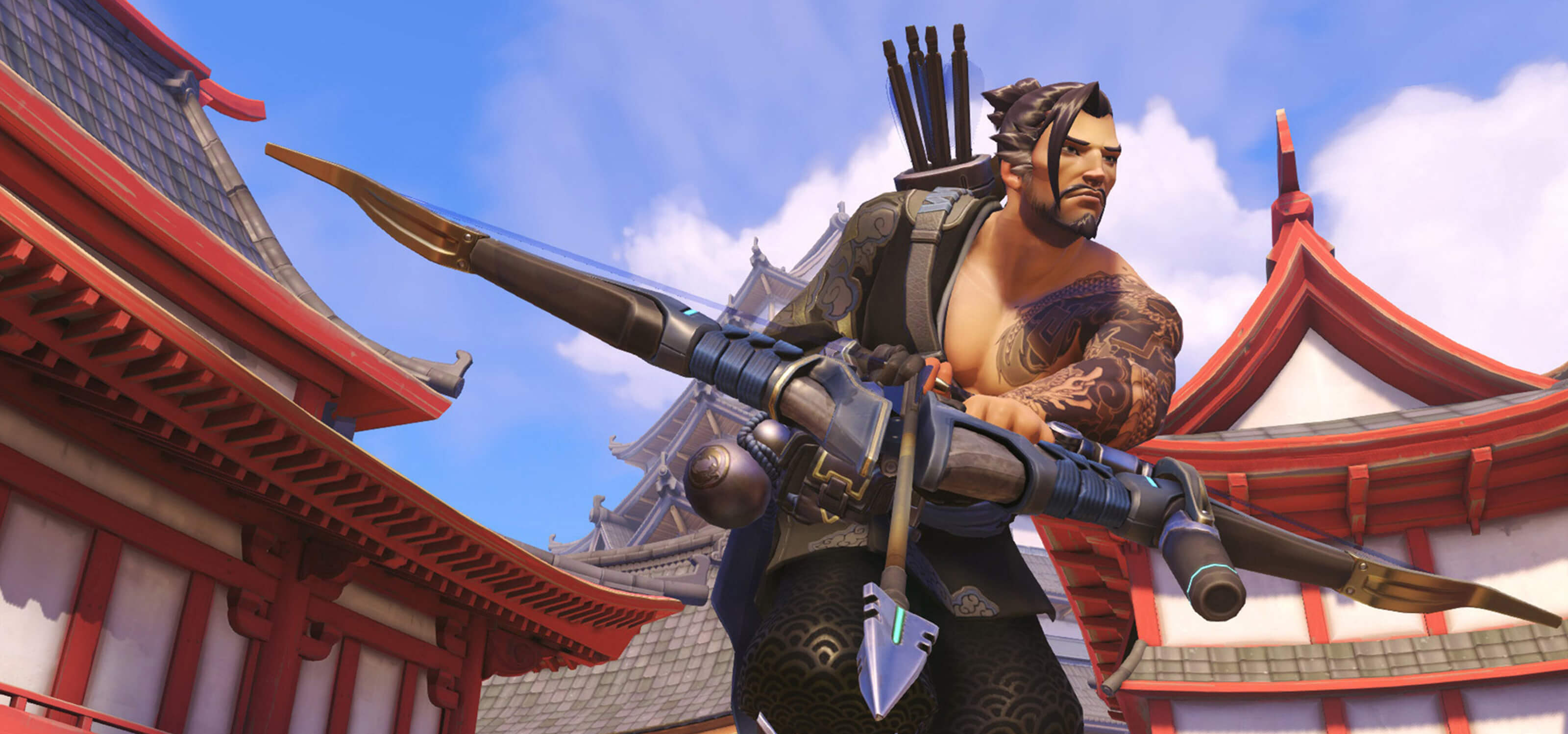 Overwatch character Hanzo wielding his storm bow among several pagodas